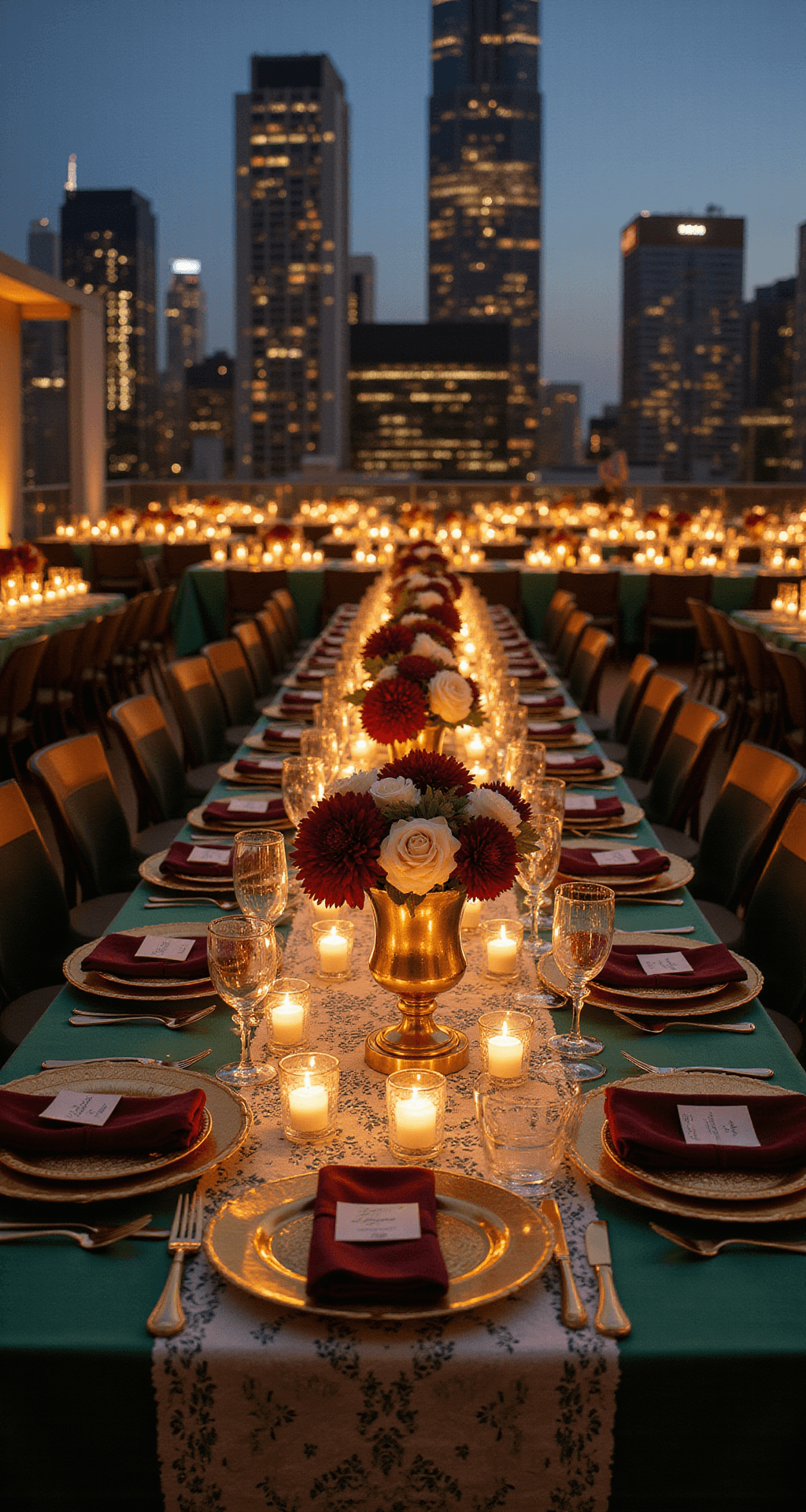 Wedding Reception Table Decor: The Complete Guide to Creating Instagram-Worthy Tablescapes That Actually Work Cinematic wide-angle shot of a luxurious evening reception at a modern rooftop venue, featuring elegant tables adorned with emerald silk tablecloths, ivory lace runners, and low floral arrangements in gold compotes, illuminated by hundreds of candles against a city skyline.