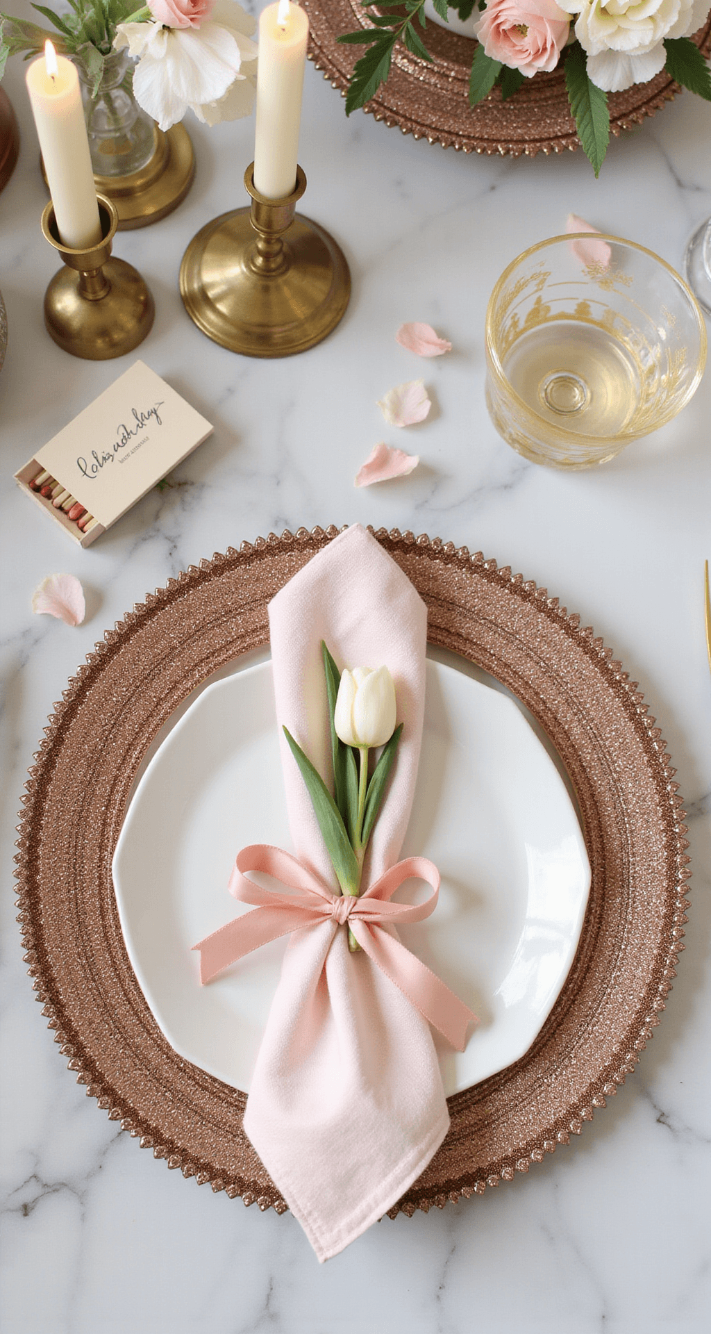 Wedding Reception Table Decor: The Complete Guide to Creating Instagram-Worthy Tablescapes That Actually Work A whimsical spring wedding place setting with a beaded rose gold charger, ivory dinner plate, pink linen napkin tied with silk ribbon, white tulip, elegant calligraphy place card, vintage brass candlesticks, cream taper candles, scattered rose petals, custom matchbook favor, gold flatware, and crystal water glass on a marble surface, all illuminated by natural daylight.