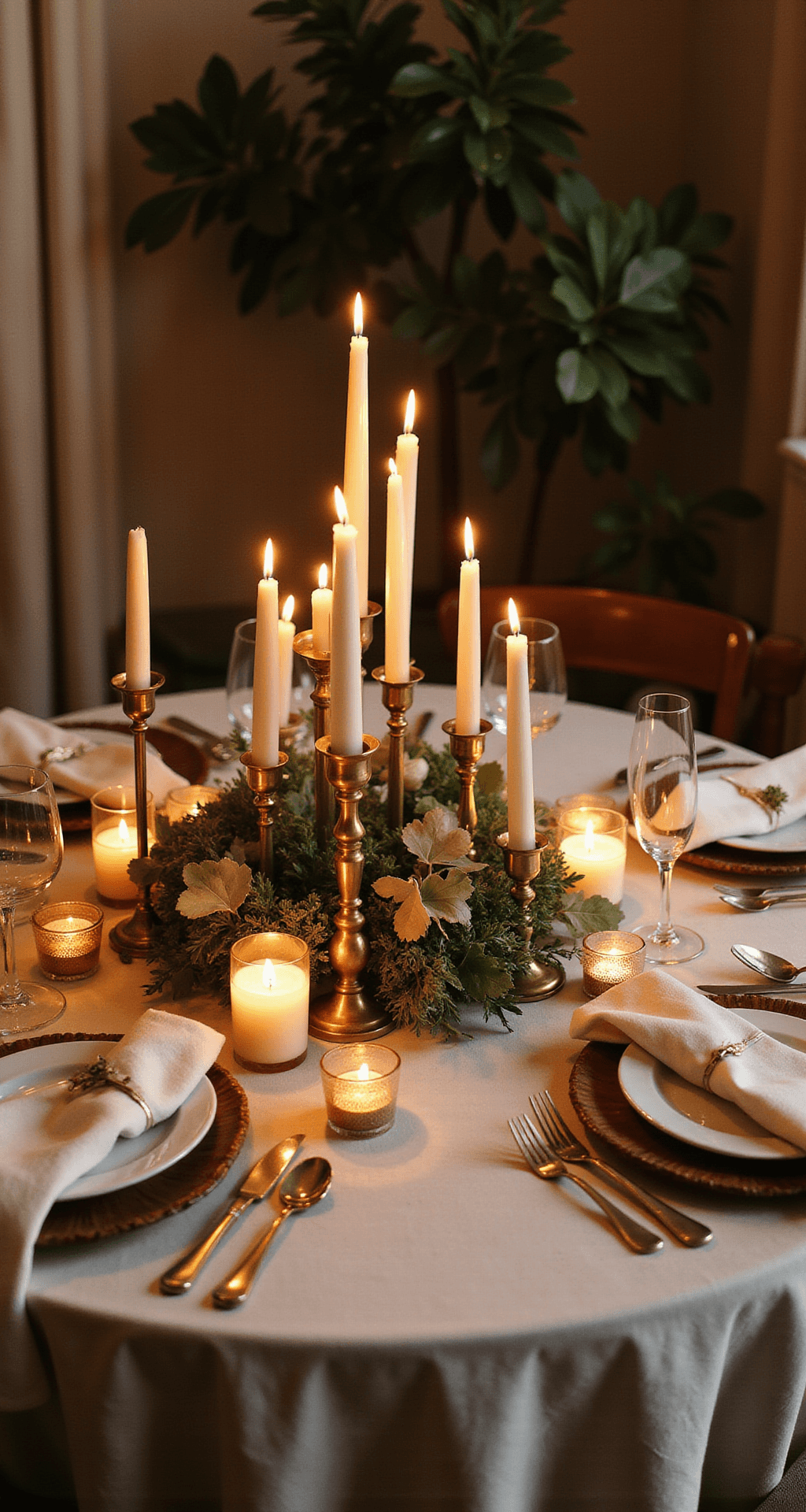 Wedding Reception Table Decor: The Complete Guide to Creating Instagram-Worthy Tablescapes That Actually Work Cozy intimate dining room setup for a micro wedding, featuring a small round table with ivory linen, a dramatic centerpiece of mixed height candles in brass, copper, and glass holders, lush greenery and eucalyptus, and elegant place settings with wood chargers, ceramic plates, linen napkins, and vintage brass flatware, all illuminated by warm candlelight.