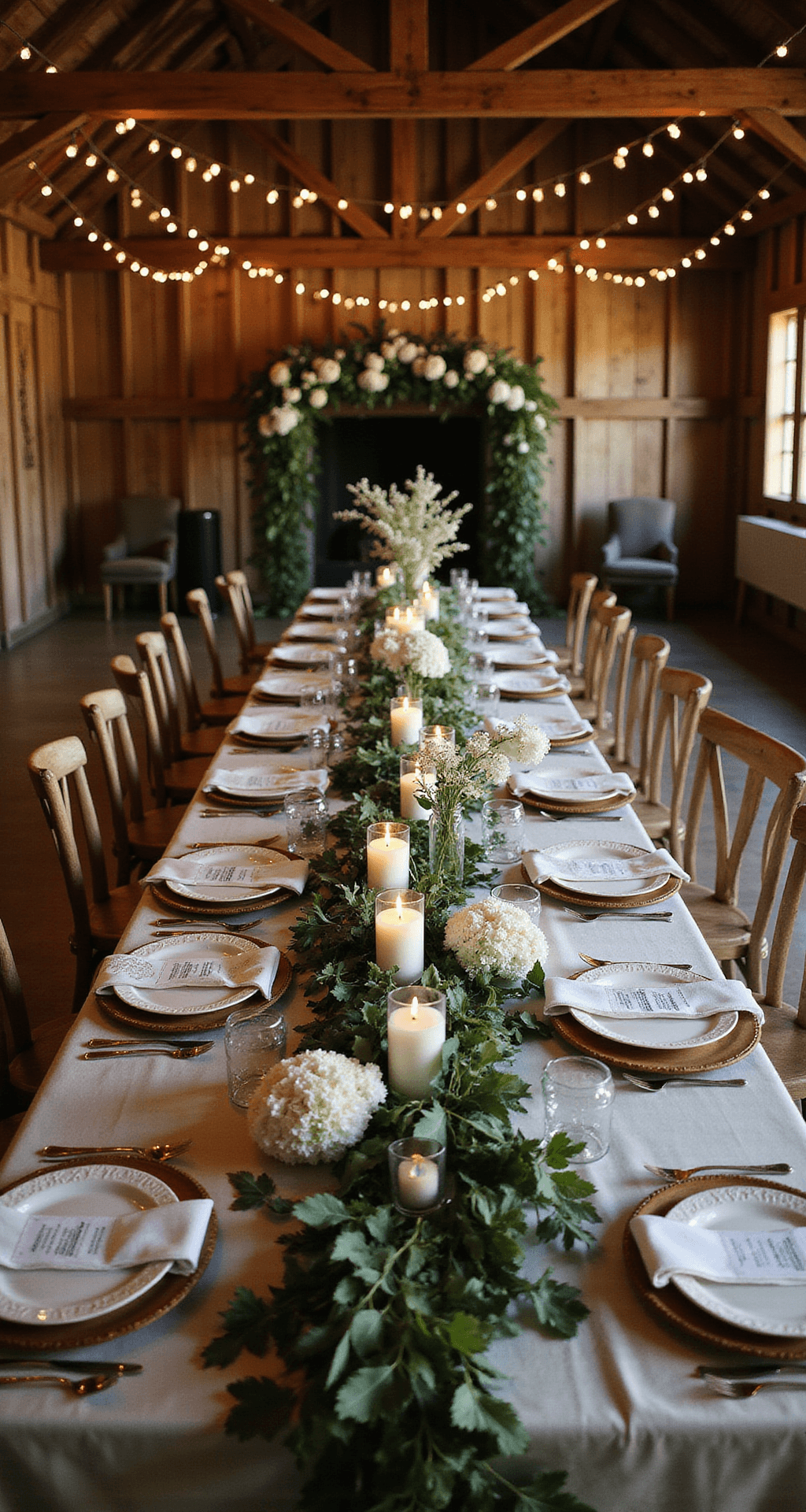 Wedding Reception Table Decor: The Complete Guide to Creating Instagram-Worthy Tablescapes That Actually Work Sweetheart table in a rustic barn at twilight, adorned with a greenery garland, white flowers, pillar candles, and a floral backdrop, featuring elegant place settings and string lights.