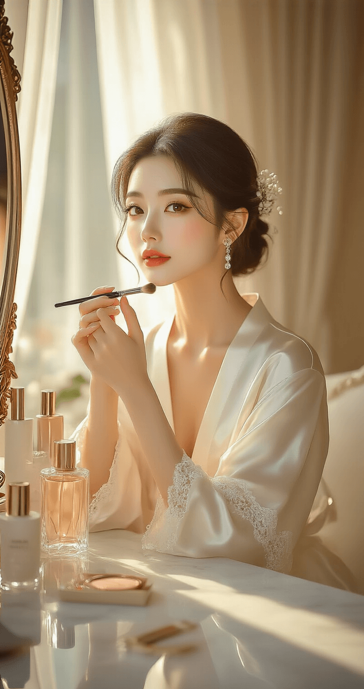 Korean Wedding Makeup: How to Get That Soft, Youthful Bridal Glow A sophisticated Asian woman in a silk ivory robe applies Korean bridal makeup at a marble vanity, illuminated by golden hour light. Her soft updo is adorned with baby's breath, reflecting her dewy complexion and elegant details in a vintage mirror, surrounded by luxurious skincare products and white roses.