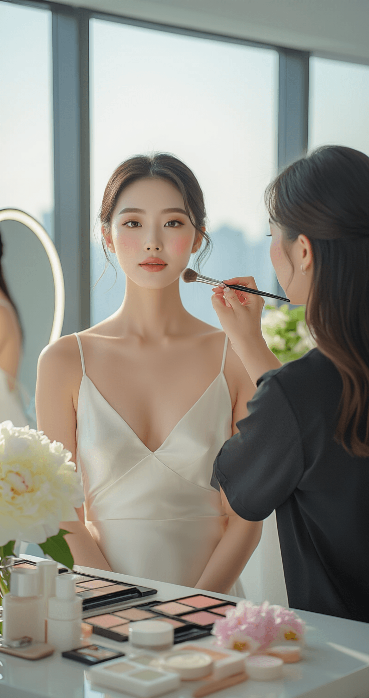 Korean Wedding Makeup: How to Get That Soft, Youthful Bridal Glow A radiant bride in a minimalist bridal suite, illuminated by soft morning light, showcases flawless Korean wedding makeup while a makeup artist applies the finishing touches. She wears a flowing white silk slip dress, surrounded by K-beauty products on the vanity, with white peonies and eucalyptus branches adding organic texture to the scene.