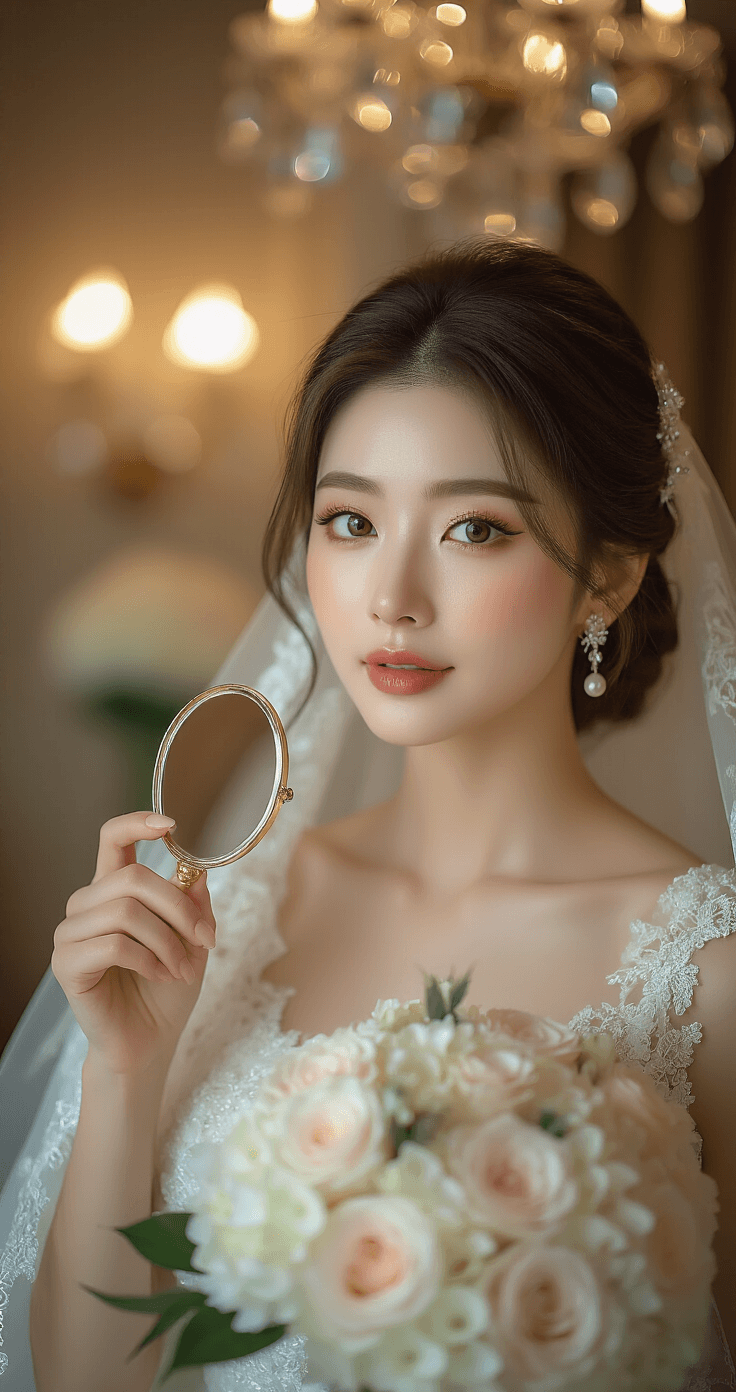 Korean Wedding Makeup: How to Get That Soft, Youthful Bridal Glow An elegant bride in a luxurious hotel suite admires her Korean wedding makeup, surrounded by her bridal party, with soft lighting highlighting her radiant skin and delicate features. She holds a hand mirror to admire her puppy eyeliner and gradient lips, while pearl earrings and a vintage lace veil complete her look, framed by bouquets of white hydrangeas and blush roses.