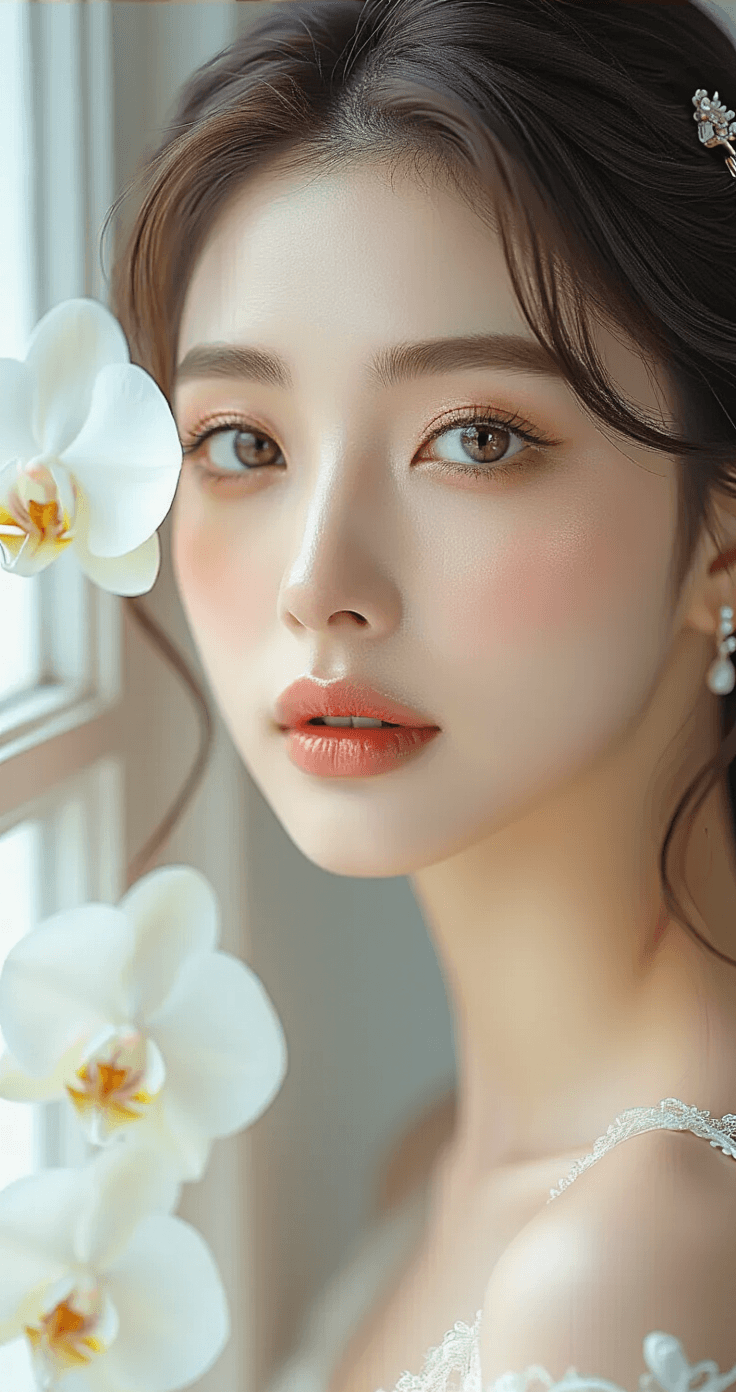 Korean Wedding Makeup: How to Get That Soft, Youthful Bridal Glow Close-up shot of a model showcasing Korean bridal makeup, featuring dewy complexion, puppy liner eyes, soft pink shimmer lids, and gradient coral-pink lips, surrounded by luxury K-beauty products, silk hair accessories, and white orchids, under soft northern light.