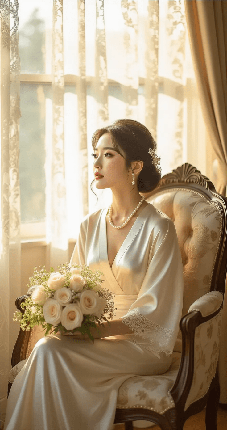 Korean Wedding Makeup: How to Get That Soft, Youthful Bridal Glow A bride in an ivory silk robe sits in a vintage chair in her childhood bedroom transformed for bridal prep, with golden hour light filtering through lace curtains. She has a glowing makeup look with minimal contouring, delicate pearl jewelry, and holds a bouquet of white roses and baby's breath. Family wedding photos and heirloom jewelry boxes adorn the background, enhancing the warm, romantic atmosphere.