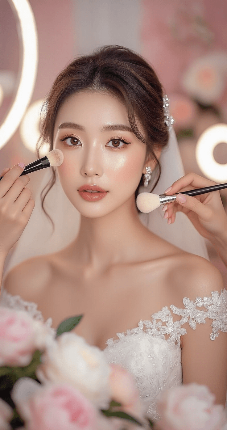 Korean Wedding Makeup: How to Get That Soft, Youthful Bridal Glow A professional makeup artist applies finishing touches to a bride's Korean wedding look in an elegant salon, featuring soft pink and white decor, luxury brushes, and decorative white peonies, all illuminated by ring lights for a radiant, dewy complexion.