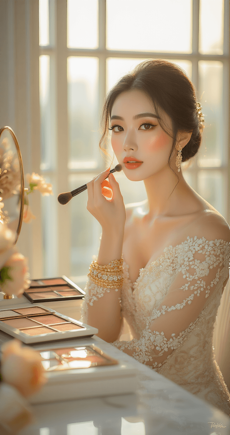 Thai Makeup Looks for Weddings That Actually Last (And Look Stunning in Photos) Photorealistic close-up of an Asian bride in a sunlit bridal suite, applying Thai bridal makeup at a white marble vanity, showcasing glowing skin, warm earth-tone eyeshadow, peachy-orange blush, coral lips with gloss, and traditional gold jewelry, with beauty tools scattered around.