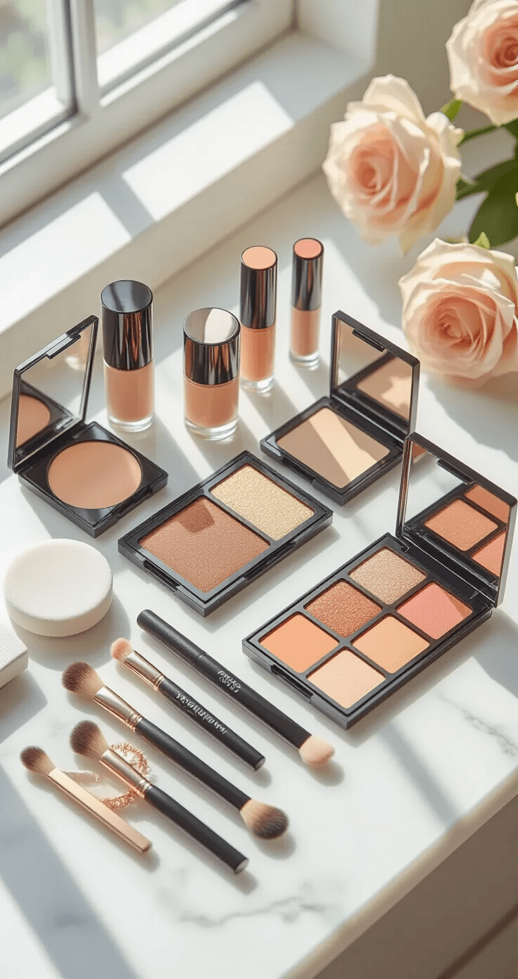 Thai Makeup Looks for Weddings That Actually Last (And Look Stunning in Photos) Flat lay of Thai bridal makeup products on a white marble surface, featuring foundations, eyeshadow palette, highlighter, blush, lipsticks, beauty tools, and delicate bridal accessories, all elegantly arranged with fresh orchids and eucalyptus.