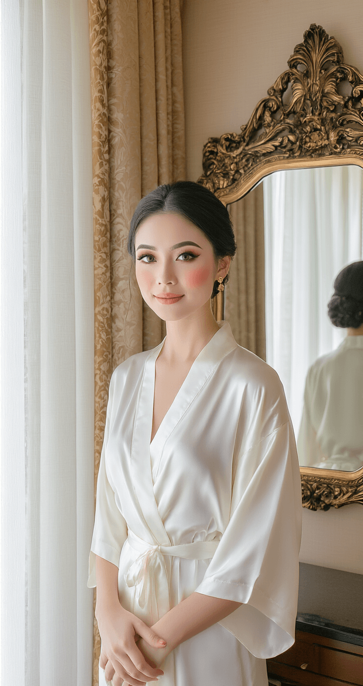 Thai Makeup Looks for Weddings That Actually Last (And Look Stunning in Photos) Full-length portrait of a radiant bride in a flowing white silk robe, showcasing her Thai bridal makeup and jewelry, standing in an elegant hotel suite in front of a vintage mirror amid soft afternoon light.