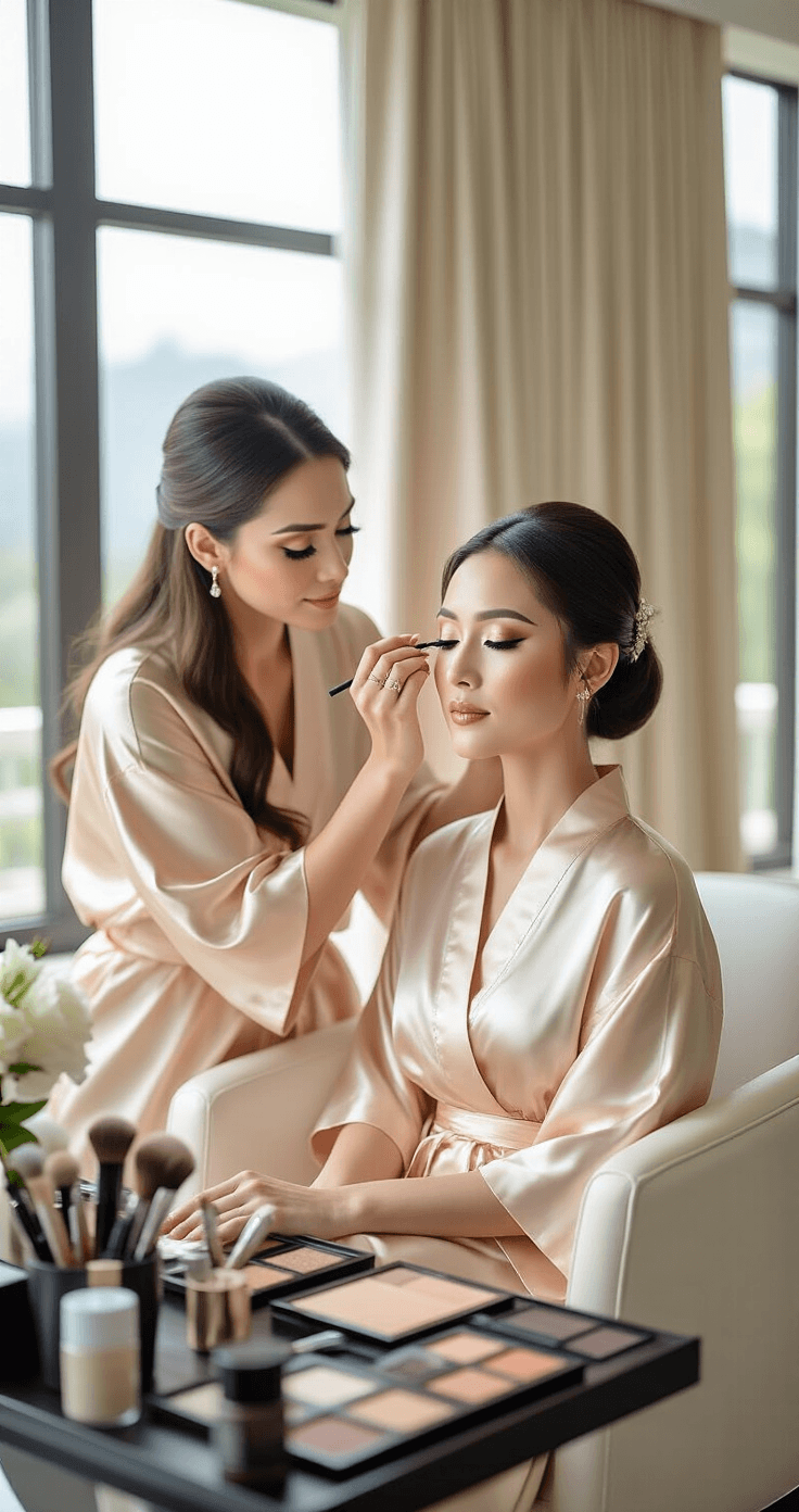 Thai Makeup Looks for Weddings That Actually Last (And Look Stunning in Photos) A bride in a champagne silk kimono relaxes in a bright bridal suite as a makeup artist applies finishing touches to her Thai wedding makeup, featuring earth-tone shadows and a flawless glass-skin base, surrounded by organized makeup tools and elegant floral decor.