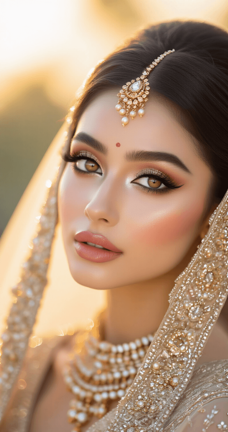 Thai Makeup Looks for Weddings That Actually Last (And Look Stunning in Photos) Close-up of a Thai bridal makeup look featuring blended earth-tone eyeshadow, shimmer lid, elongated eyeliner, natural false lashes, perfect brows, glowing skin, peachy-orange blush, and coral lips with gloss, framed by delicate gold jewelry against a softly blurred white background.