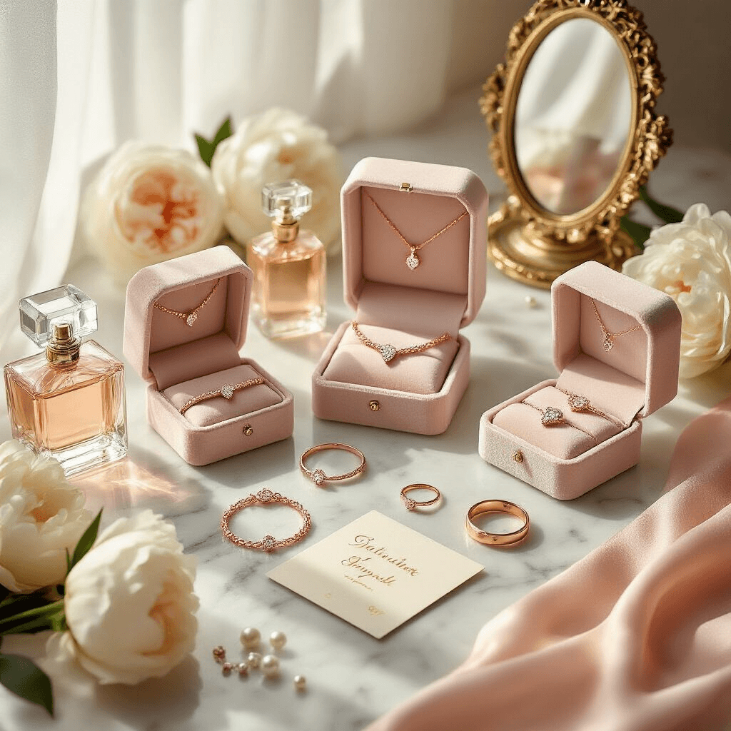 Sweet 16 Gifts That Actually Matter (Not Just More Stuff to Collect Dust) Photorealistic flat lay of an elegant Sweet 16 jewelry display on a marble vanity, showcasing rose gold birthstone necklaces, stackable rings, and initial bracelets in velvet-lined boxes, adorned with crystal perfume bottles and white peonies, illuminated by soft morning light.