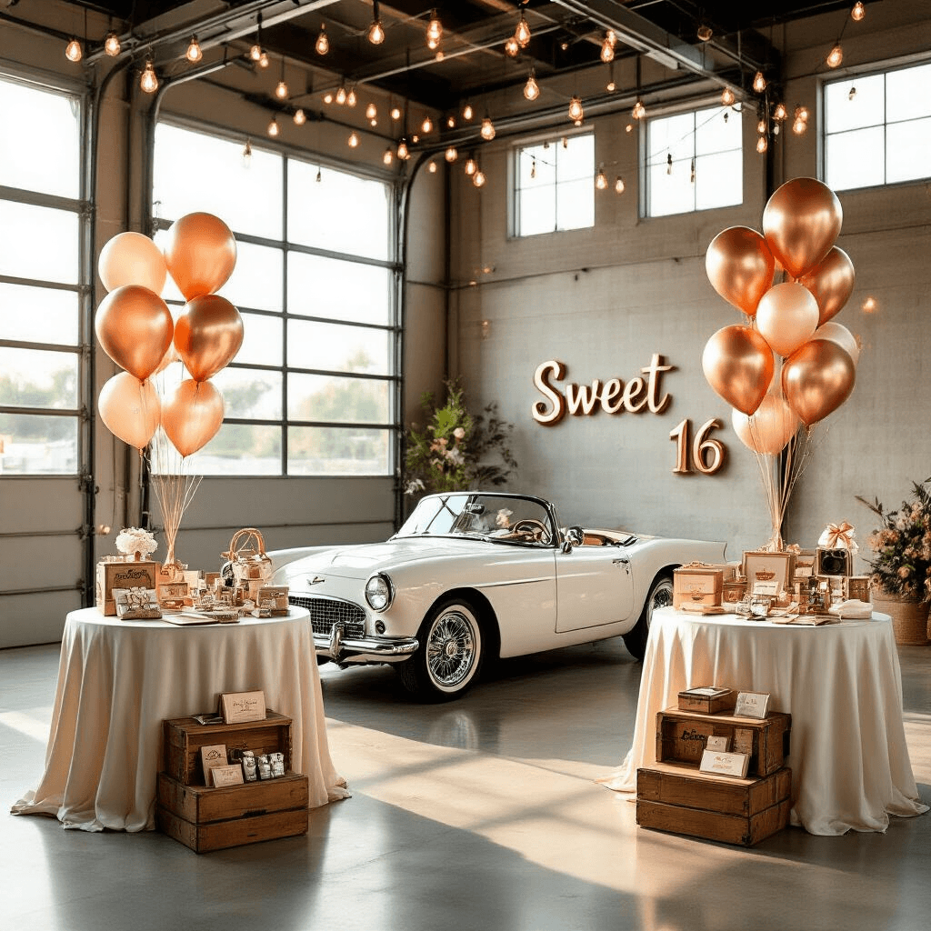 Sweet 16 Gifts That Actually Matter (Not Just More Stuff to Collect Dust) Cinematic wide-angle view of a stylish Sweet 16 car-themed gift station in a modern garage, featuring a pristine white convertible with rose gold balloons, round tables with curated car accessory gift sets, golden hour lighting, and fairy lights overhead.