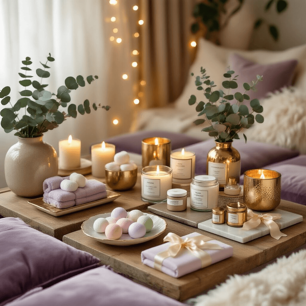 Sweet 16 Gifts That Actually Matter (Not Just More Stuff to Collect Dust) Intimate close-up of a cozy Sweet 16 celebration corner featuring luxurious self-care gifts, plush cushions, artisanal bath bombs, premium candles, and organic skincare, all set in a candlelit ambiance with fairy lights and fresh eucalyptus.