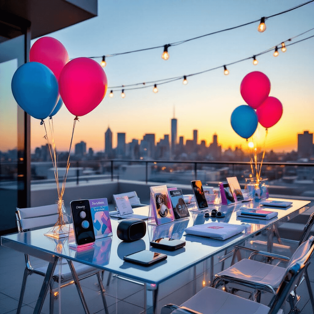 Sweet 16 Gifts That Actually Matter (Not Just More Stuff to Collect Dust) Moody rooftop terrace setup for a tech-lover's Sweet 16, featuring modern acrylic tables with wireless earbuds and phone accessories, bold blue and pink balloons, chrome chairs, and a city skyline backdrop at golden hour, illuminated by twinkling string lights and holographic gift bags.