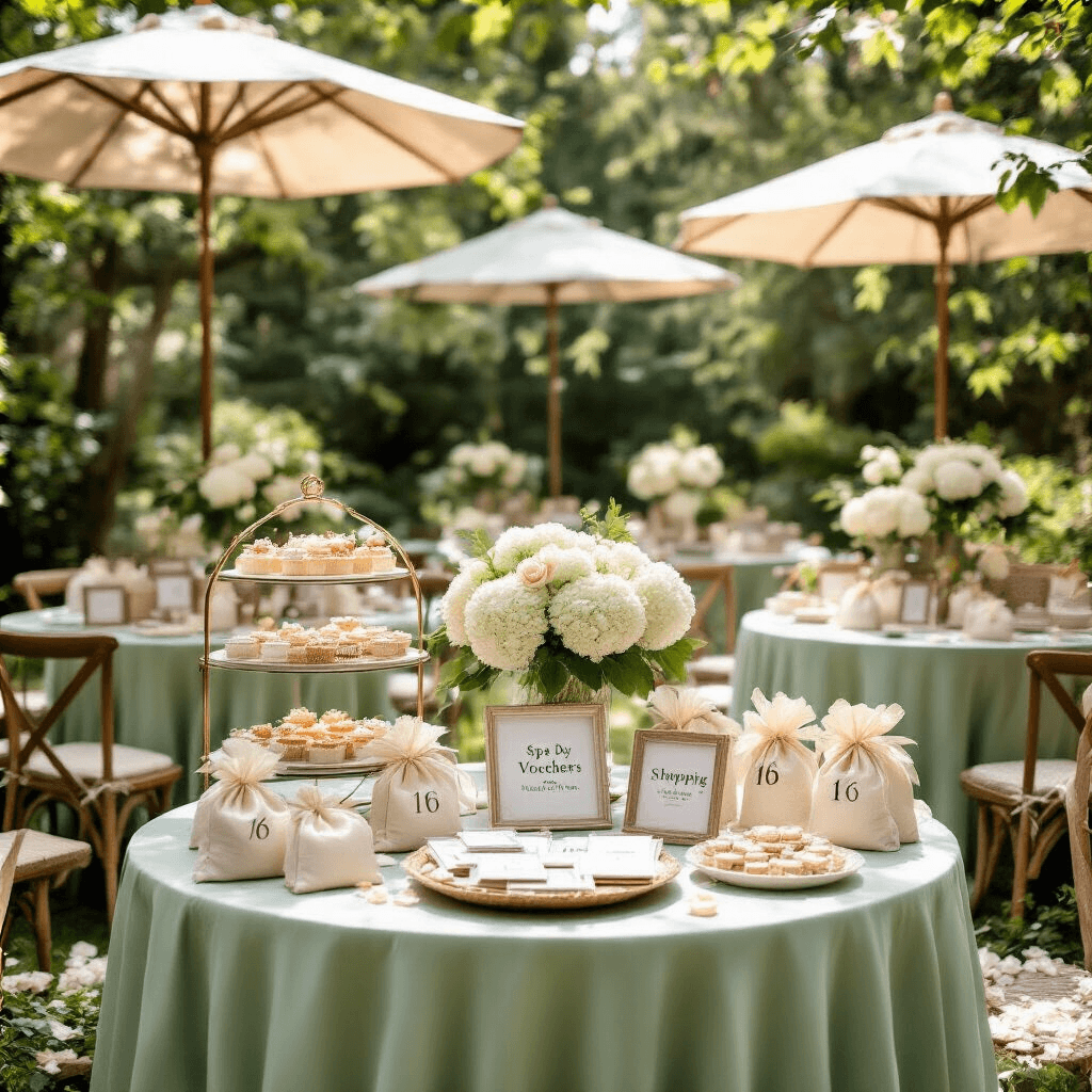 Sweet 16 Gifts That Actually Matter (Not Just More Stuff to Collect Dust) Whimsical garden setting for a Sweet 16 party, featuring a dessert cart with spa vouchers and concert tickets, round tables with memory books and '16 reasons we love you' bundles, illuminated by natural sunlight through market umbrellas, adorned with hydrangeas and ivy, vintage lanterns, and rustic party favors.
