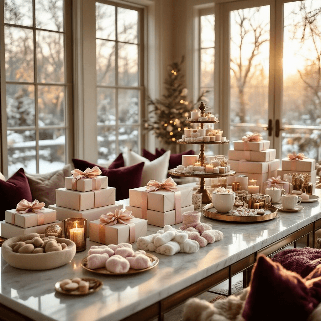 10 Christmas Gift Box Ideas That'll Make You Look Like You Actually Tried This Year Cinematic wide-angle view of an elegant indoor winter wonderland gift wrapping station in a luxurious living room, featuring marble countertops with curated gift boxes, mahogany tables with cozy night-in boxes, warm sunlight streaming through large windows, and rich textures of velvet seating and artisan candles, all adorned with pine sprigs and fairy lights.