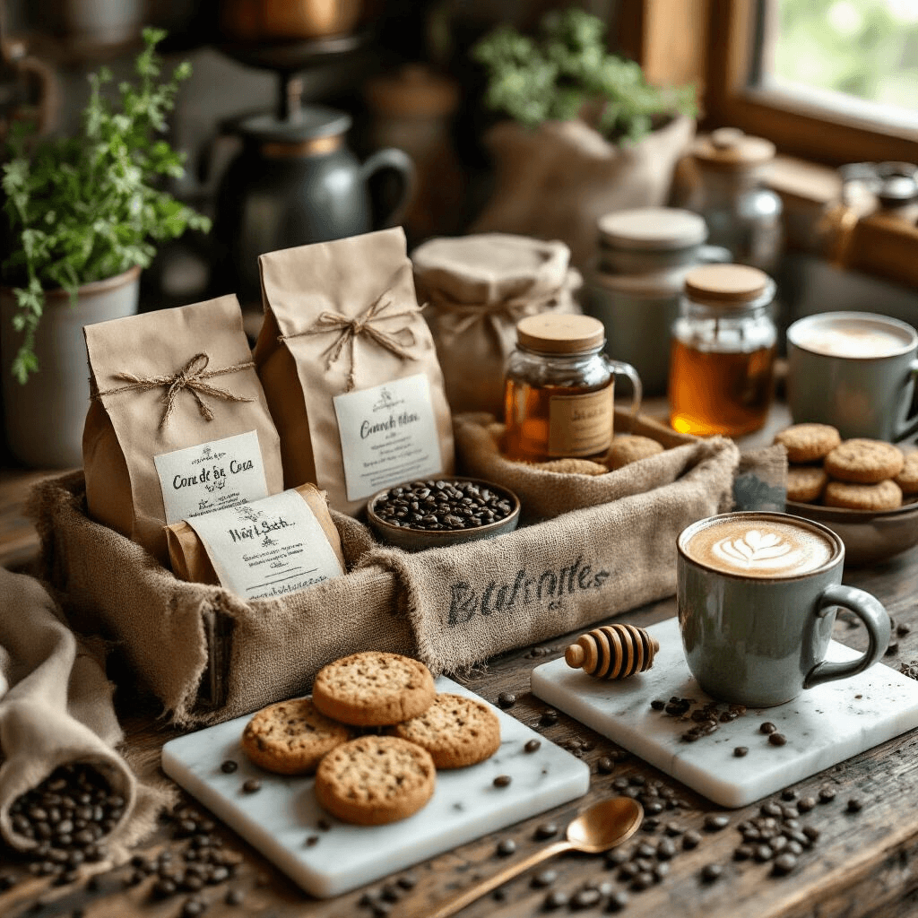 10 Christmas Gift Box Ideas That'll Make You Look Like You Actually Tried This Year Close-up detail shot of an artisanal coffee and tea gift box featuring ceramic mugs, specialty coffee bags, honey sticks, and biscotti on rustic wood and marble surfaces, bathed in soft morning light with a warm color palette and rich textures.