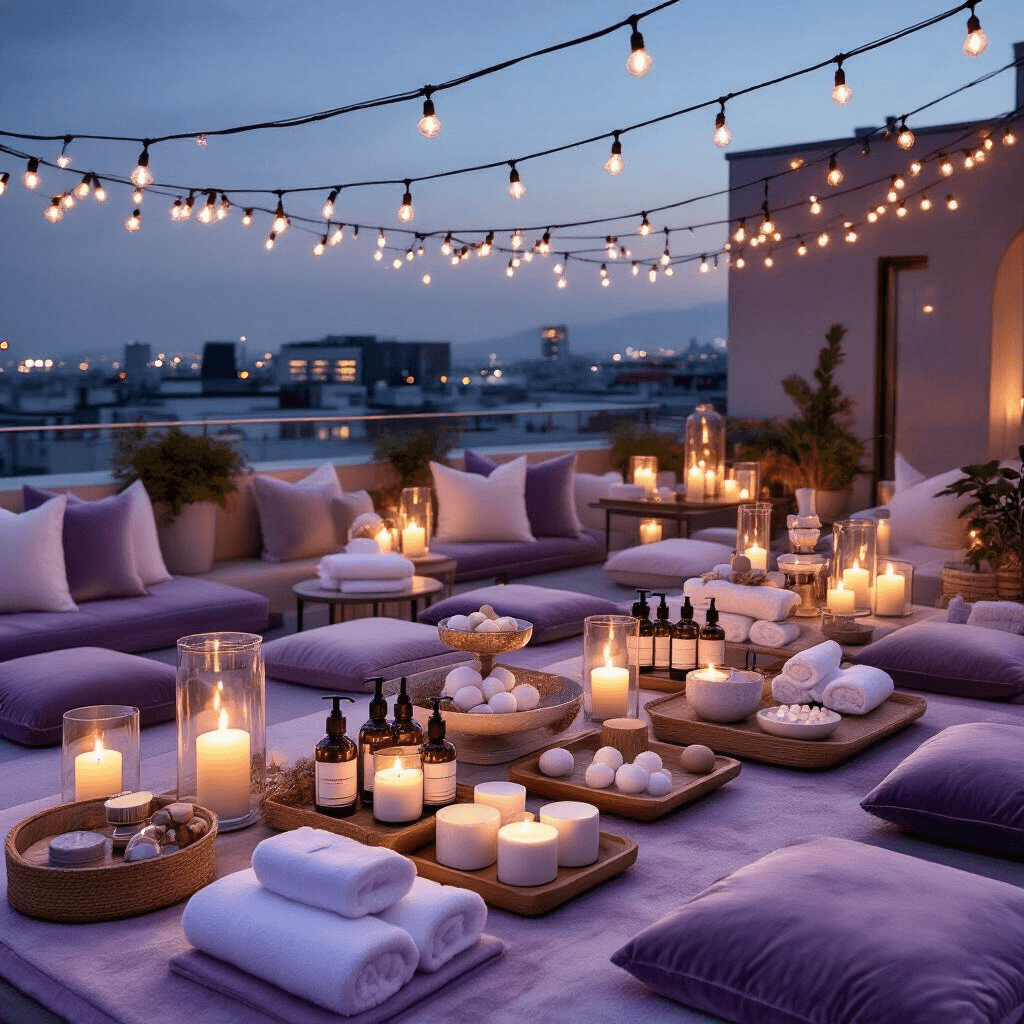10 Christmas Gift Box Ideas That'll Make You Look Like You Actually Tried This Year A luxurious rooftop terrace spa display at night, featuring velvet cushions in lavender and silver, essential oils, marble soap dispensers, and plush towels, illuminated by fairy lights and pillar candles, creating a relaxing ambiance.