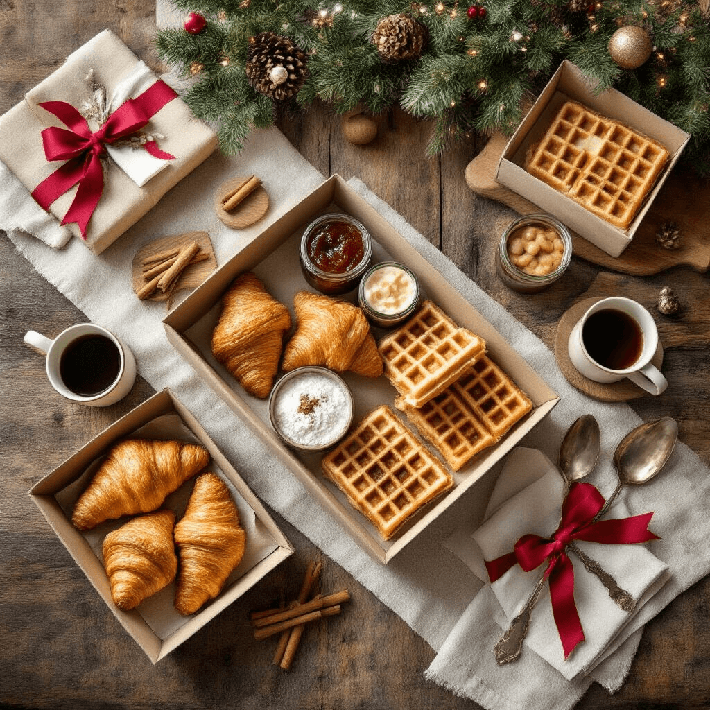 10 Christmas Gift Box Ideas That'll Make You Look Like You Actually Tried This Year Overhead view of a festive Christmas breakfast spread on a rustic wooden table, featuring croissants, artisan jams, Belgian waffle mix, steaming coffee, and seasonal decor like pine garlands and cinnamon sticks, all bathed in natural midday sunlight.