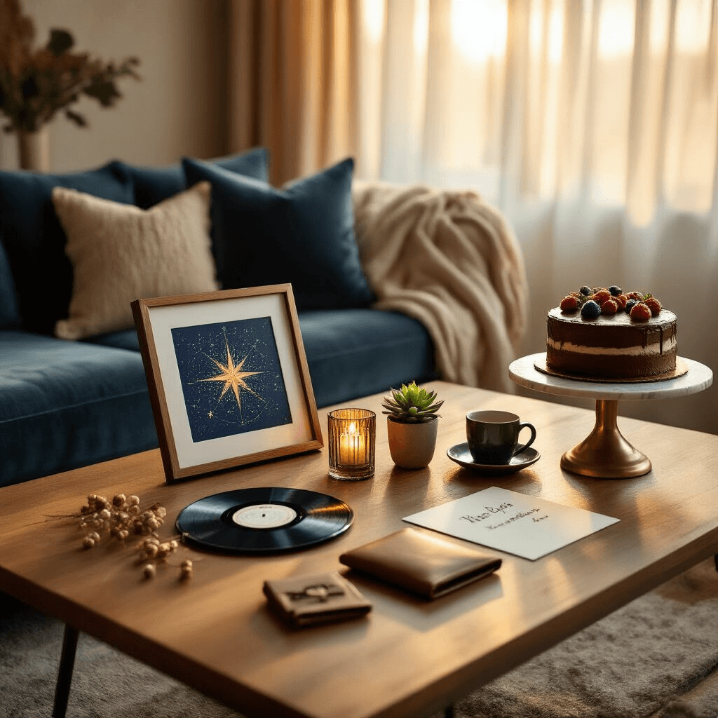 Birthday Gifts for Your Boyfriend That'll Actually Make Him Smile (Not Just Collect Dust) A cozy modern apartment living room set for an intimate birthday celebration, featuring a curated display of thoughtful gifts on a low wooden coffee table, including a framed star map, a vinyl record, an engraved leather wallet, a potted succulent, and a handwritten card. A chocolate birthday cake on a marble stand and two brass candlesticks with flickering flames enhance the warm golden-hour ambiance filtered through sheer linen curtains. The scene is styled with slate-blue cushions and a cream throw, creating a warm and inviting atmosphere with subtle bokeh in the background.