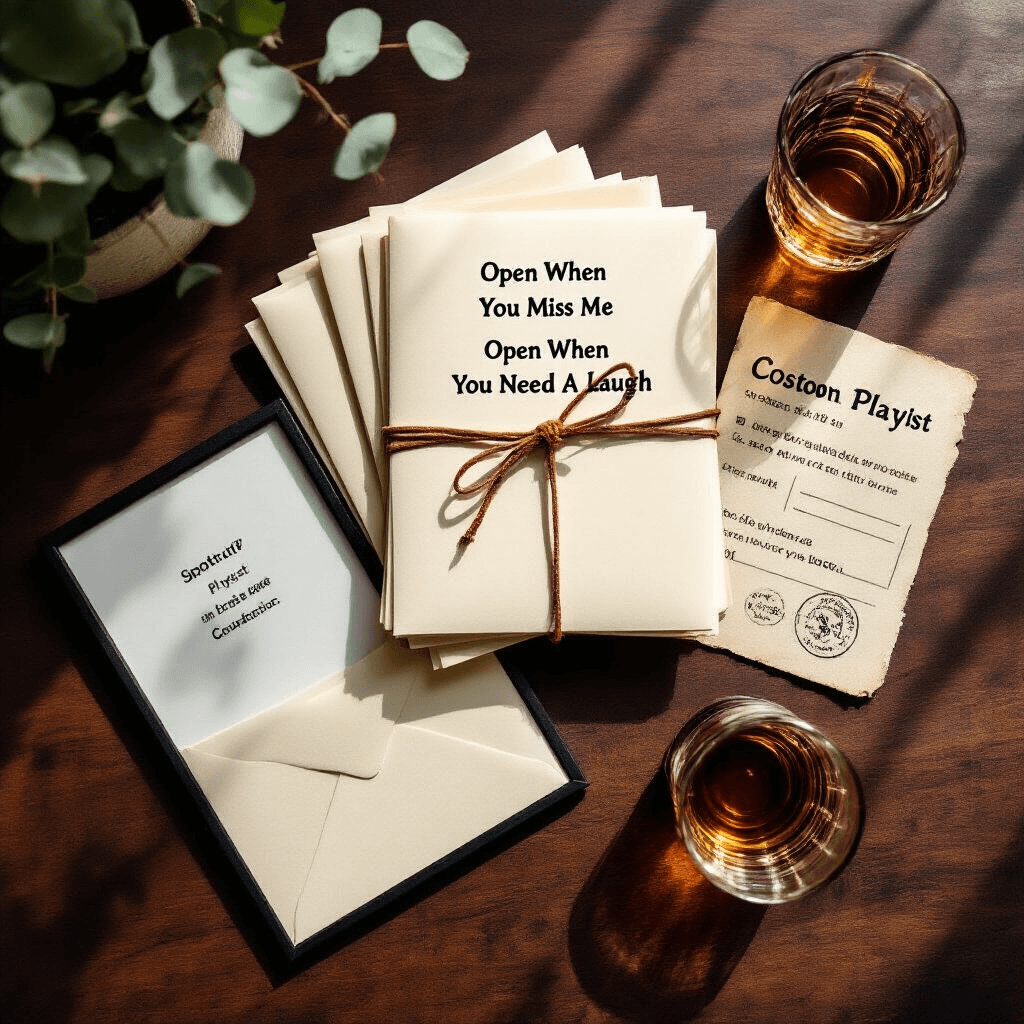 Birthday Gifts for Your Boyfriend That'll Actually Make Him Smile (Not Just Collect Dust) An overhead view of a carefully arranged birthday gift on a dark walnut tabletop, featuring cream-colored envelopes labeled 'Open When You Miss Me' and 'Open When You Need a Laugh,' tied with cognac leather cord. Surrounding elements include a small framed custom Spotify playlist, a folded handmade coupon booklet, a dried eucalyptus sprig, and a short glass of amber whiskey. The scene is illuminated by soft-box lighting, casting deep shadows, with a color palette of cream, cognac, charcoal, and forest green, conveying an intentional and quietly romantic mood.