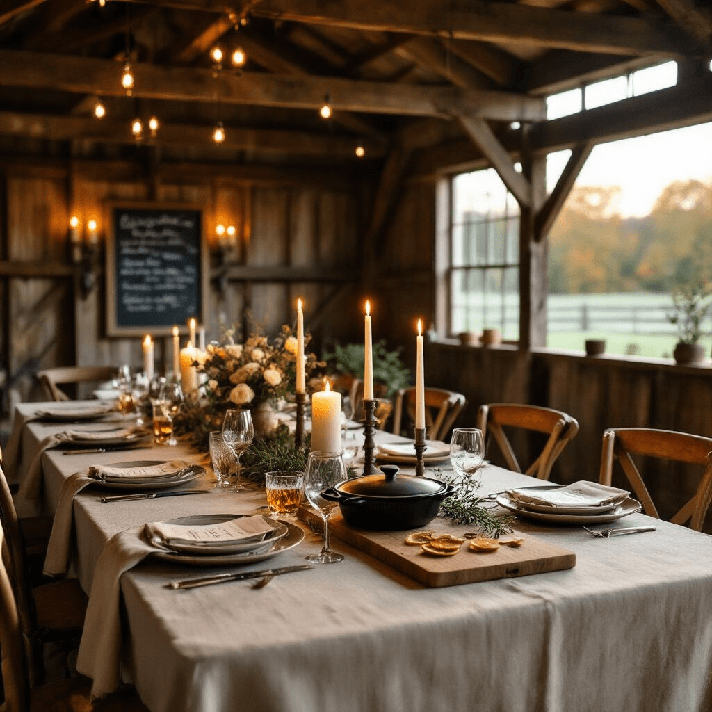 Birthday Gifts for Your Boyfriend That'll Actually Make Him Smile (Not Just Collect Dust) A rustic barn venue set for an intimate birthday dinner for two, featuring a long farmhouse table draped in oatmeal linen, adorned with candlelight, engraved cutting boards, ceramic plates, a cast iron skillet, and a whiskey gift set, surrounded by greenery and dried orange slices, all warmly illuminated by Edison bulb string lights.