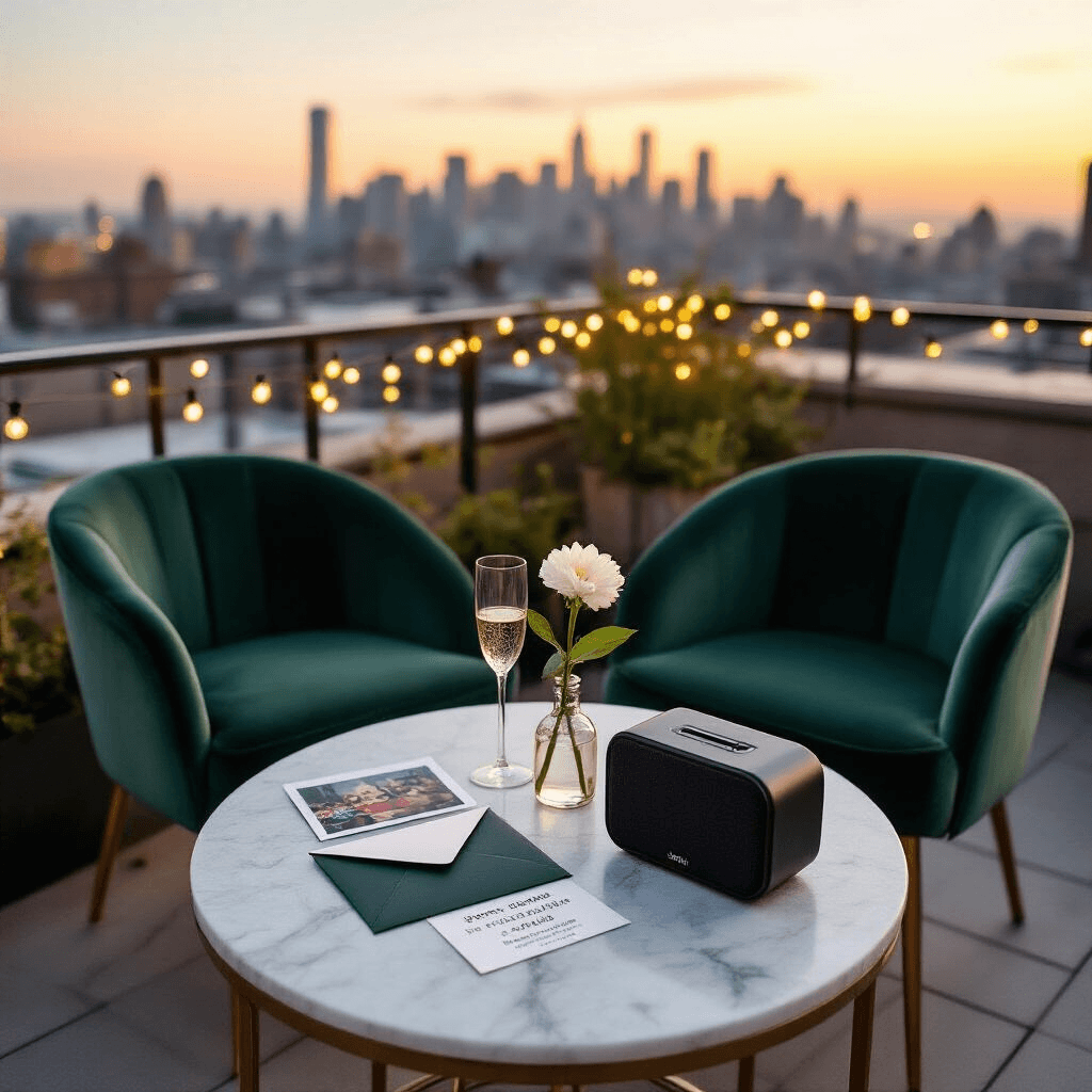 Birthday Gifts for Your Boyfriend That'll Actually Make Him Smile (Not Just Collect Dust) A stylish rooftop terrace setup for a birthday celebration, featuring two forest green velvet chairs facing a marble table set with concert ticket printouts, a Spotify playlist card, a champagne flute, and a gardenia stem, against a soft amber and blush city skyline at golden hour, with glowing fairy lights and a cozy, romantic mood.