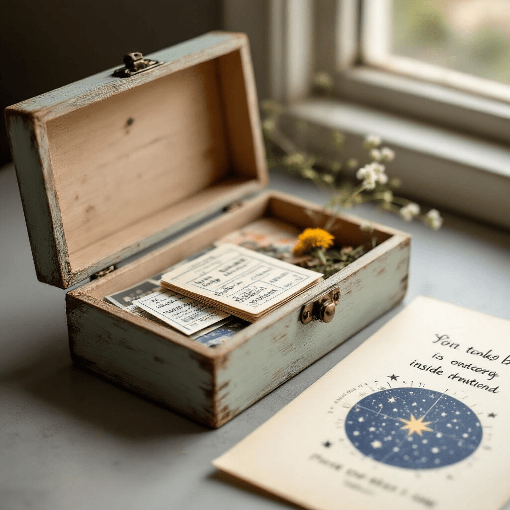 Birthday Gifts for Your Boyfriend That'll Actually Make Him Smile (Not Just Collect Dust) A close-up of a weathered pine boyfriend birthday memory box, slightly open on a smooth concrete surface, revealing concert ticket stubs, wallet-sized photos with handwritten dates, tiny notes, and a pressed flower, alongside a partially unrolled star map and a sprig of dried lavender, all bathed in soft natural light.