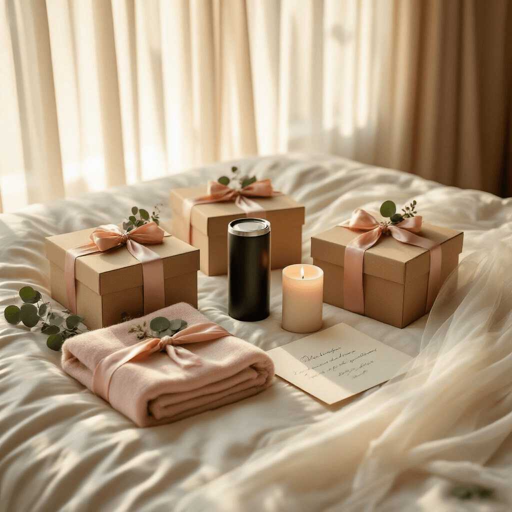 Bridesmaid Gifts They'll Actually Use (And Thank You For Later) A sunlit bridal suite flat lay featuring five kraft gift boxes tied with dusty rose ribbons on a king-sized bed with ivory silk linens, elegantly displaying a matte black tumbler, blush cashmere blanket, cream candle, and a handwritten letter. A delicate bridal veil adds to the intimate atmosphere, with soft peach and ivory tones accented by sage green botanicals, illuminated by warm, diffused light.
