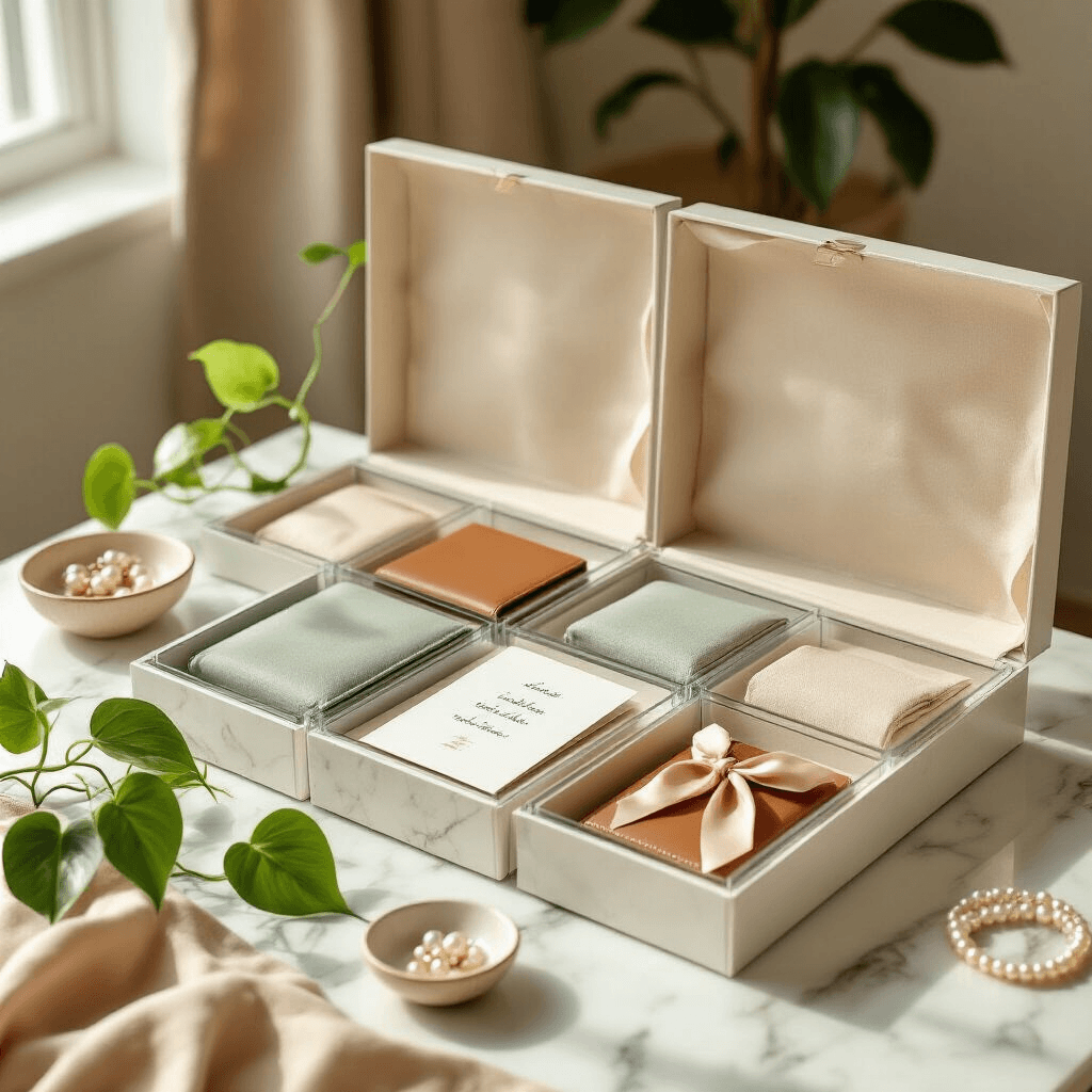 Bridesmaid Gifts They'll Actually Use (And Thank You For Later) A beautifully styled living room flat lay featuring modern bridesmaid gift boxes with champagne tissue paper, leather passport holders, sage linen packing cubes, brushed gold portable chargers, and velvet-ribbon-tied thank-you cards, all set on a white marble surface. The arrangement includes pearl-toned jewelry in ceramic dishes, a trailing pothos vine, and a linen table runner, captured in soft morning light with a shallow depth of field emphasizing personalized details.