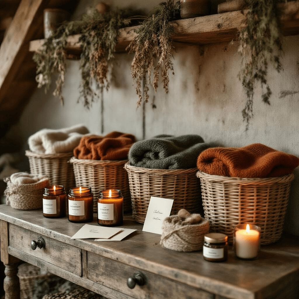 Bridesmaid Gifts They'll Actually Use (And Thank You For Later) A cozy candlelit scene in a rustic farmhouse getting-ready room featuring a reclaimed oak vanity table with wicker baskets filled with amber jar candles, fleece blankets, wool socks, and a mini hot cocoa tin, surrounded by warm golden light and trailing dried botanicals.