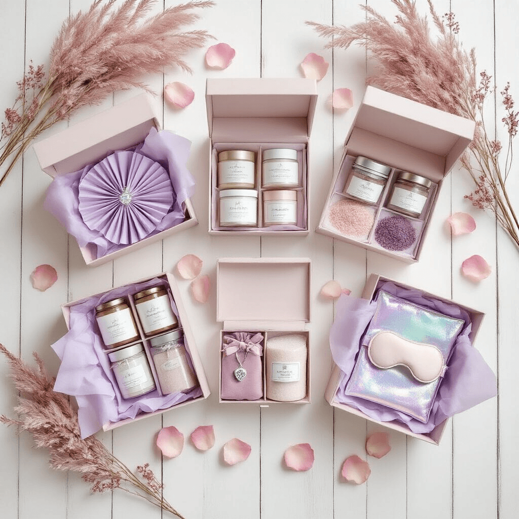 Bridesmaid Gifts They'll Actually Use (And Thank You For Later) Styled flat lay of bridesmaid gift boxes on a white hardwood floor, featuring open boxes with pale lilac tissue paper, skincare sets, birthstone necklaces, sugar scrubs, and eye masks, framed by dried pink pampas grass and rose petals; serene and whimsical atmosphere.