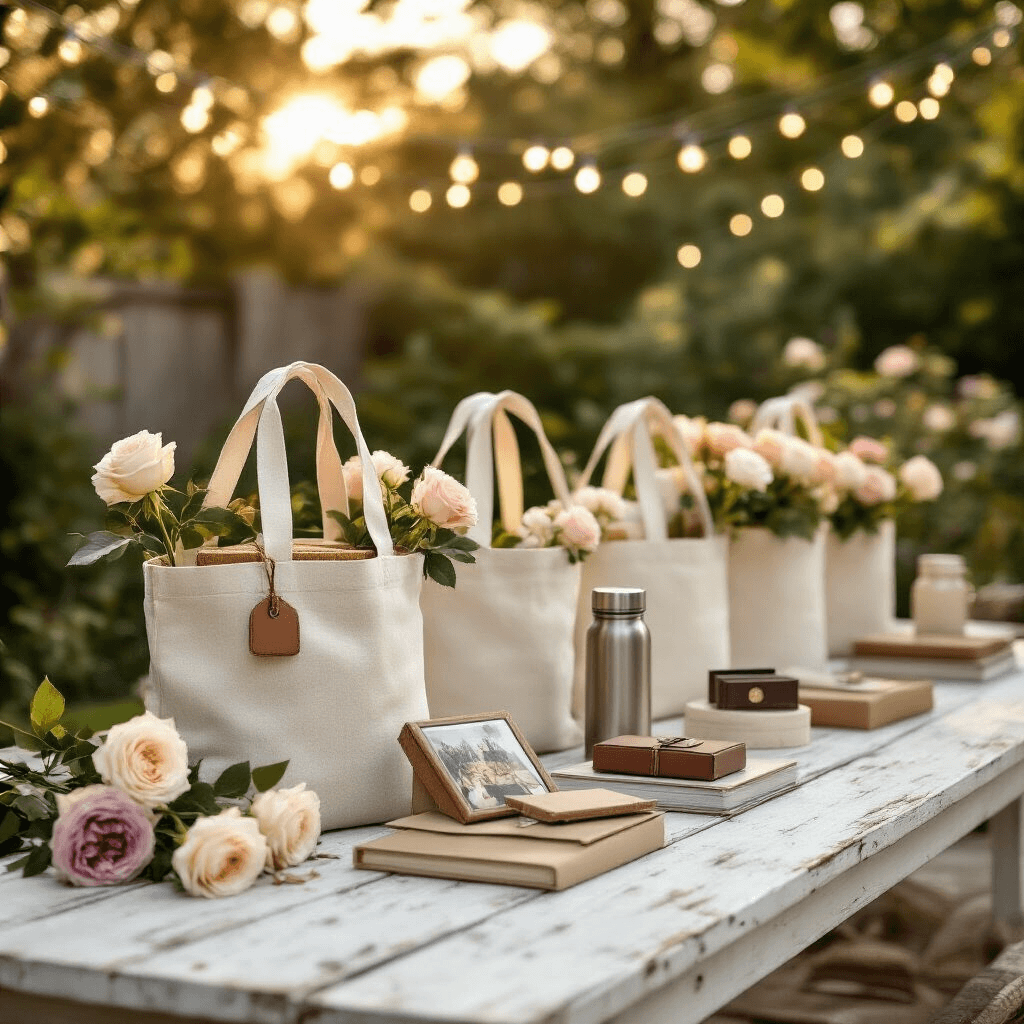 Bridesmaid Gifts They'll Actually Use (And Thank You For Later) A sunlit backyard terrace during golden hour featuring a weathered white farm table adorned with five uniquely styled gift presentations, each with a natural linen tote containing a reusable water bottle, gourmet chocolate, a leather luggage tag, and a photo book, complemented by loose garden roses and soft fairy lights in a warm, inviting atmosphere.
