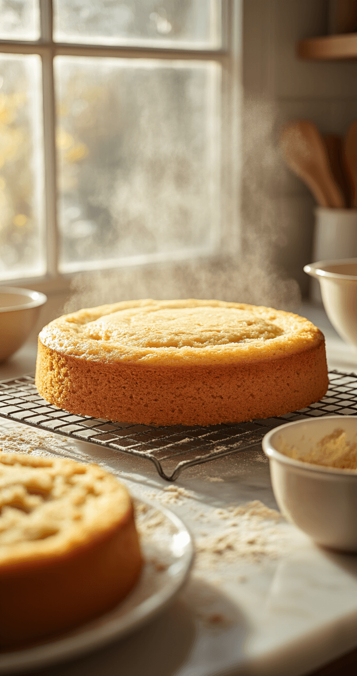 Hazelnut Mousse Cake: The Only Recipe You'll Ever Need Close-up of a golden hazelnut sponge cake cooling on a wire rack, with steam rising in warm amber light, set against a flour-dusted marble counter and rustic kitchen utensils, highlighting its tender crumb and beautiful crust.