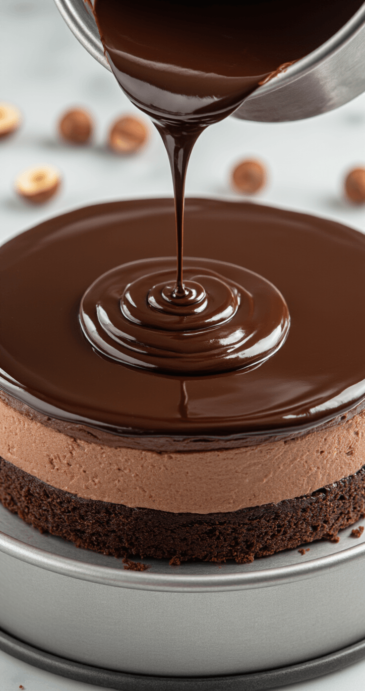 Hazelnut Mousse Cake: The Only Recipe You'll Ever Need Dramatic overhead view of dark chocolate ganache cascading over a mousse cake, showcasing a glossy mirror-like finish, with a pristine layered cross-section revealed as the springform pan is removed; the elegant scene is set on a marble surface adorned with toasted hazelnuts and gleaming kitchen utensils in a professional atmosphere.