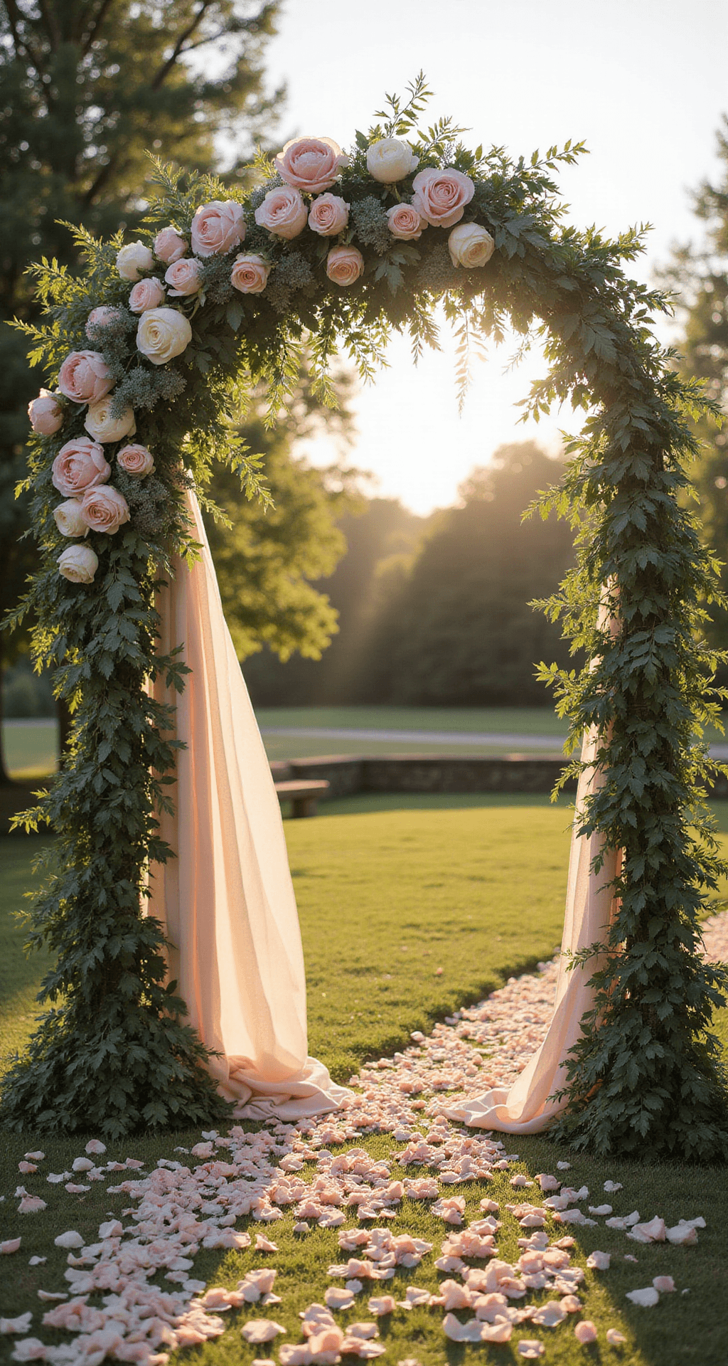 Sage Green and Blush Wedding: Your Complete Guide to Creating a Romantic, Timeless Celebration A golden hour garden ceremony arch adorned with asymmetric clusters of blush peonies and ivory garden roses, surrounded by sage eucalyptus and silvery ruscus foliage, set against soft chiffon draping. Scattered blush rose petals line the aisle, while warm sunlight backlights the couple in a dreamy halo effect. The composition features an off-center arch in a wide-angle view, creating an ethereal and timeless atmosphere.