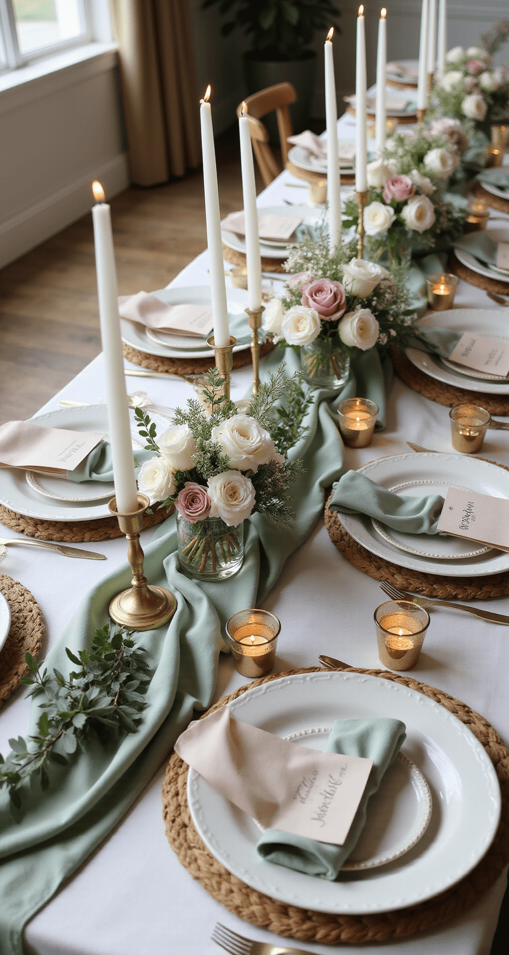Sage Green and Blush Wedding: Your Complete Guide to Creating a Romantic, Timeless Celebration An elegant reception tablescape featuring ivory silk linens and sage chiffon runners, with blush napkins tied with sage ribbons on white ceramic plates. Tall ivory taper candles, medium-height floral arrangements, and low eucalyptus garlands create height variation, while scattered gold mercury glass tea lights add warmth. Soft side lighting enhances the romantic atmosphere.
