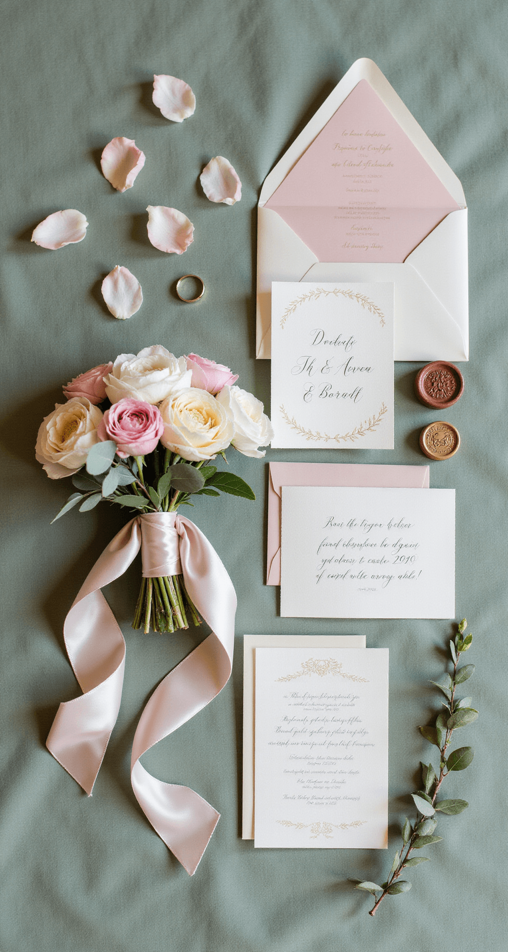 Sage Green and Blush Wedding: Your Complete Guide to Creating a Romantic, Timeless Celebration A flat lay of wedding details on a sage linen backdrop, featuring a bridal bouquet of blush peonies and ivory garden roses wrapped in silk ribbon, custom sage and blush stationery with gold foil accents, an engagement ring, rose petals, and seeded eucalyptus, all illuminated by soft natural light.