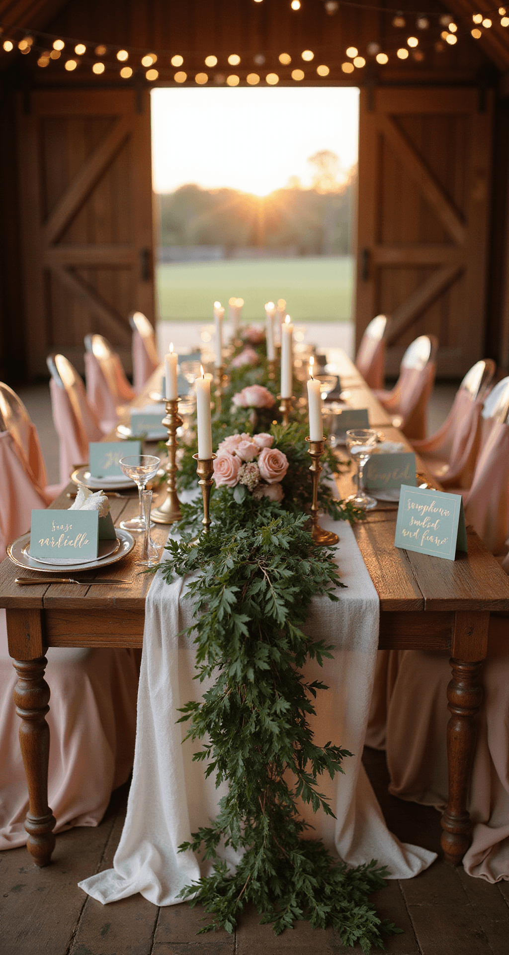 Sage Green and Blush Wedding: Your Complete Guide to Creating a Romantic, Timeless Celebration A romantic sweetheart table in a rustic barn, adorned with cascading greenery and blush blooms, ivory gauze runner, brass candlesticks, sage green place cards, and wood ghost chairs draped in blush chiffon, under warm golden hour light and fairy lights for a magical atmosphere.