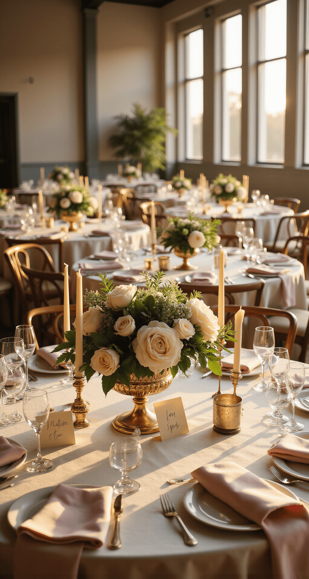 How to Design Stunning Wedding Table Décor That Guests Will Actually Remember Elegant indoor ballroom wedding reception with round tables draped in ivory silk linens, featuring low floral arrangements with white roses and cream peonies in crystal compote vases, tall brass candlesticks with ivory taper candles, and warm mercury glass votives, all illuminated by golden hour sunlight through tall windows.