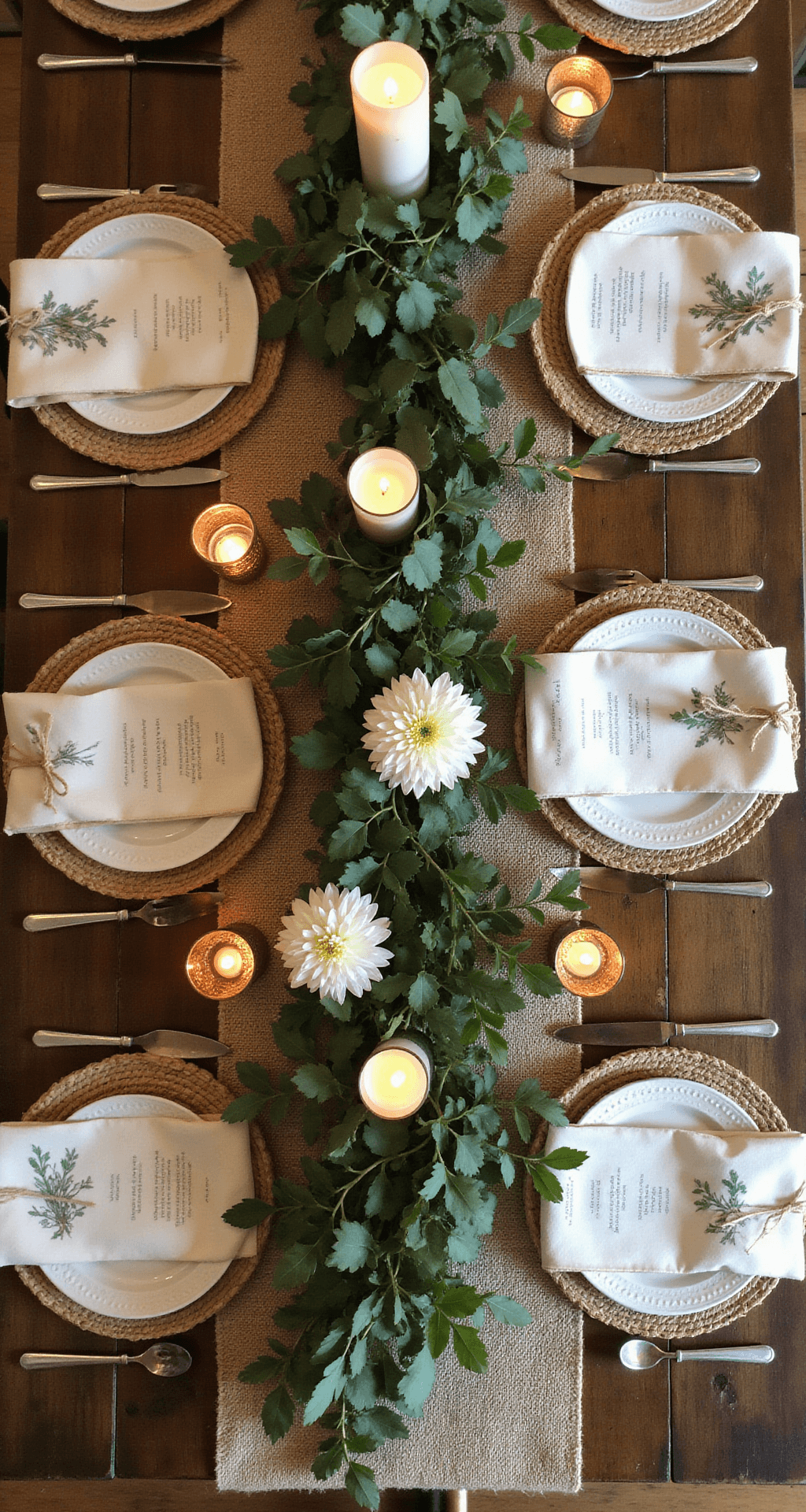 How to Design Stunning Wedding Table Décor That Guests Will Actually Remember Overhead flat lay of a rustic barn wedding table featuring a reclaimed wood surface, burlap runner, lush eucalyptus garland, mismatched vintage glass jars with white dahlia stems, varying height pillar candles, mercury glass votives, olive green and terracotta napkins tied with twine, and kraft paper menu cards with botanical illustrations, all softly illuminated by fairy lights.