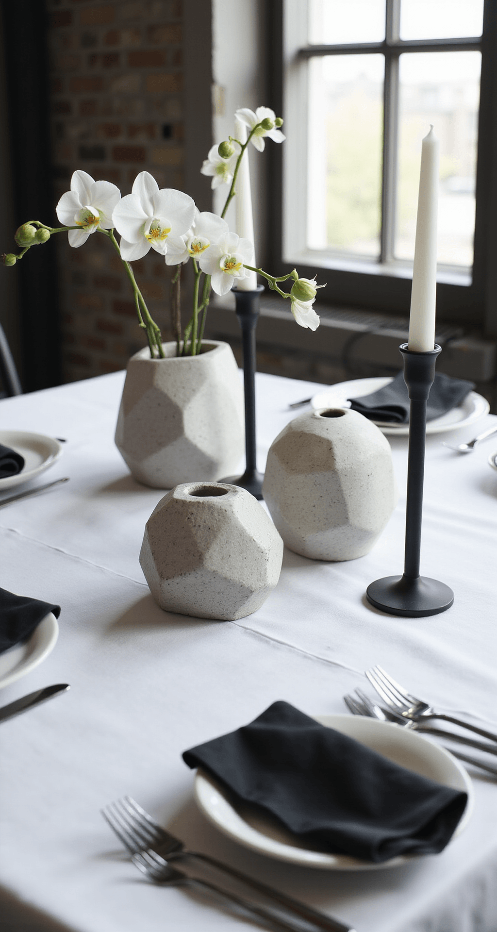 How to Design Stunning Wedding Table Décor That Guests Will Actually Remember Close-up of a modern minimalist wedding table setting in an urban loft, featuring a white linen tablecloth, geometric concrete vases with white orchid stems, black napkins, white ceramic place settings, and matte black candlestick holders with taper candles, all illuminated by soft natural light.