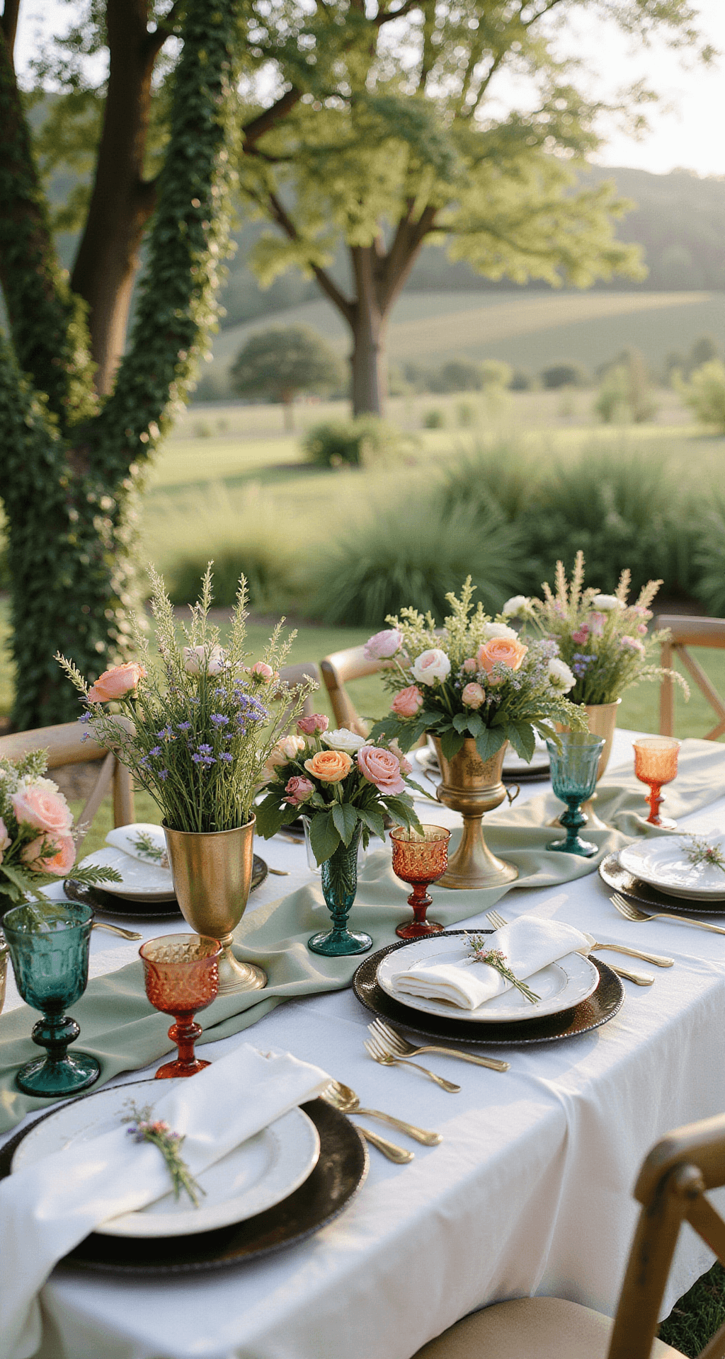 How to Design Stunning Wedding Table Décor That Guests Will Actually Remember Whimsical outdoor wedding table set in a vineyard, featuring mixed wildflower arrangements in vintage brass and glass vessels, colorful mismatched glassware, a sage green silk runner over cream linen, handmade pressed flower place cards, garden-inspired menus, and fairy lights intertwined with ivy, all softly illuminated by morning light.