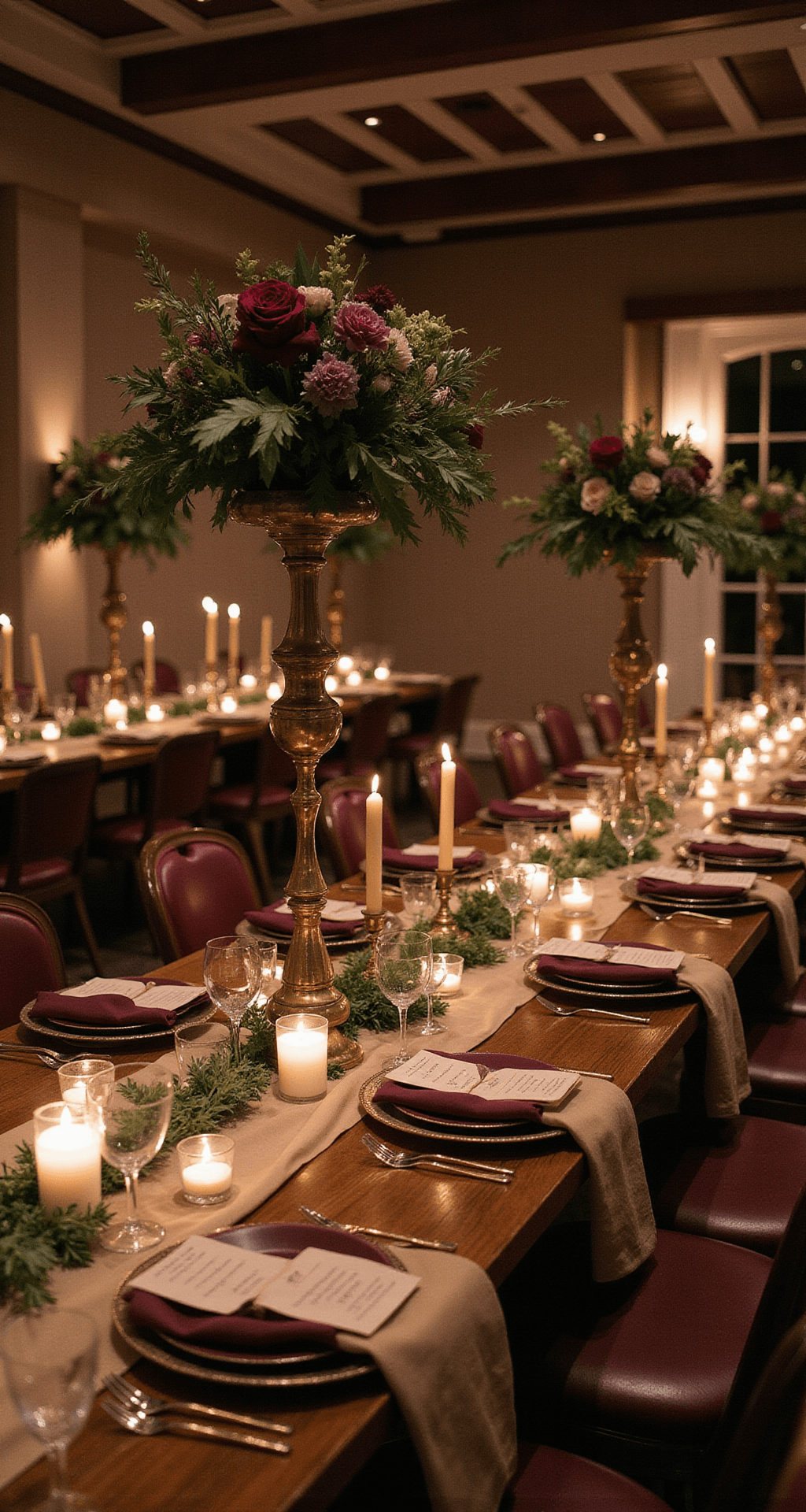 How to Design Stunning Wedding Table Décor That Guests Will Actually Remember Wide-angle shot of a romantic wedding reception featuring a long wooden farm table adorned with multilevel floral centerpieces, warm candlelight, and a rich jewel tone palette, set in an intimate dining room.