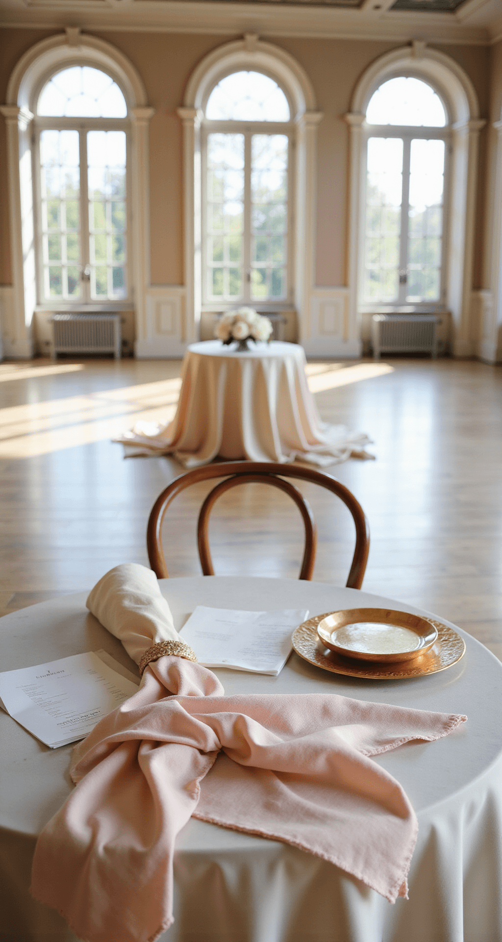 Wedding Room Decor: Create a Stunning Space Without the Wedding Industry Markup Wide-angle shot of an empty ballroom being prepared for a wedding, featuring soft morning light, a mood board with blush pink and champagne fabric swatches, silk linens on a chair, gold accents, and a partially styled table with a cream peony and rose gold charger plate.