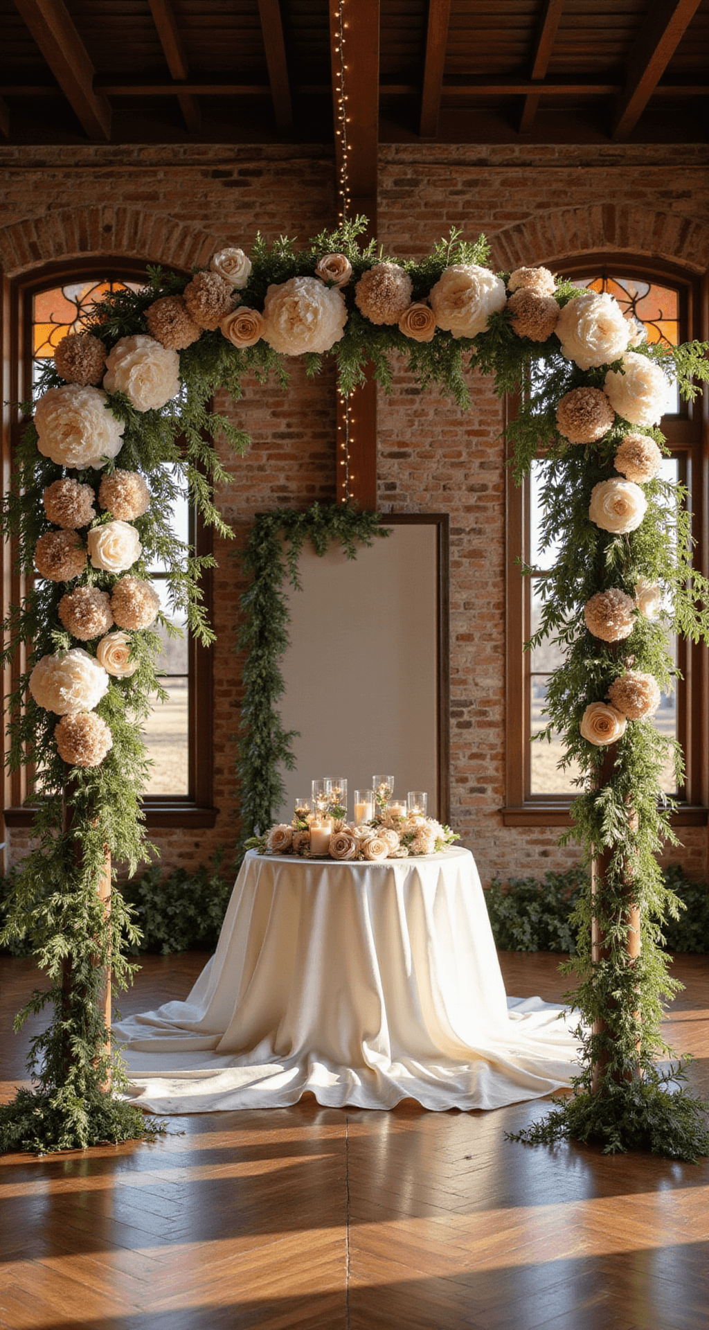 Wedding Room Decor: Create a Stunning Space Without the Wedding Industry Markup Cinematic view of a romantic wedding ceremony space featuring a towering floral arch, a softly lit sweetheart table, and a velvet-curtained photo backdrop, all illuminated by warm golden hour light filtering through stained glass.