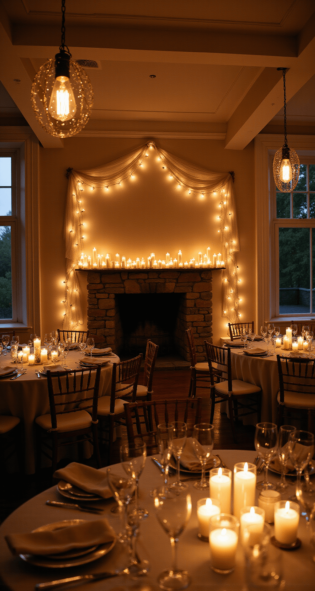 Wedding Room Decor: Create a Stunning Space Without the Wedding Industry Markup A dimly lit reception room transformed by dozens of ivory pillar candles and warm amber fairy lights, with vintage Edison bulb chandeliers creating a romantic atmosphere, showcasing deep ivory, warm gold, and rich cream tones.