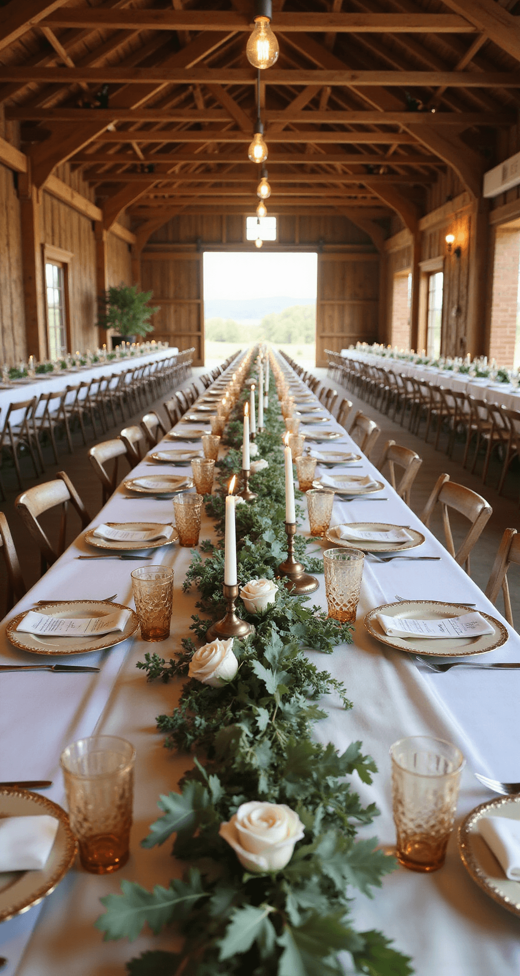Wedding Room Decor: Create a Stunning Space Without the Wedding Industry Markup Overhead shot of an elegantly styled wedding reception tablescape in a rustic barn, featuring a long banquet table with ivory satin and sage chiffon table runners, a garland of eucalyptus and ivory roses, taper candles in brass holders, antique gold charger plates, cream dinner plates, hand-calligraphed menus, and blush and amber glassware, all illuminated by warm golden hour light.