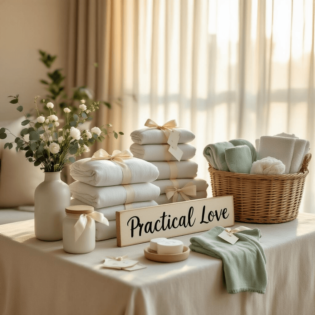 Gender Reveal Gifts That Don't Suck: What to Actually Bring to the Party A sunlit modern apartment living room transformed into a cozy gender reveal gift display, featuring ivory and grey swaddle bundles, pastel diaper boxes, and a wicker basket of baby essentials, adorned with eucalyptus and ranunculus, under sheer curtains in soft golden hour light.